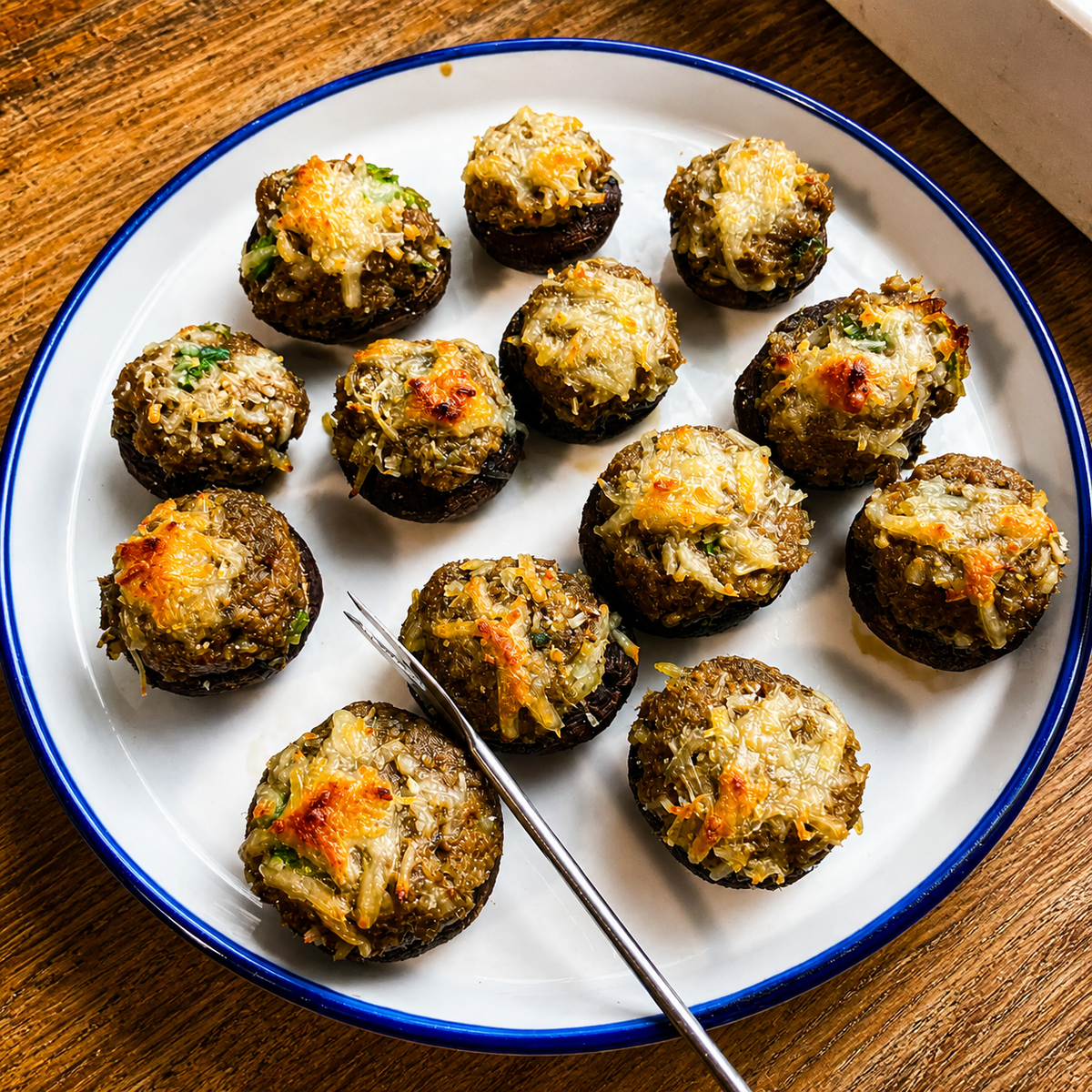 Boudin stuffed mushrooms with melted asiago cheese perfect holiday treat