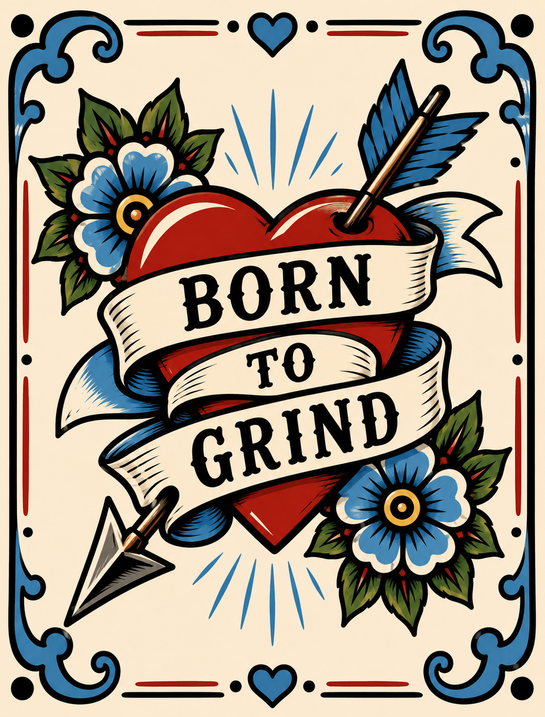 Flash art style heart tattoo with Born to Grind banner representing Lucky Cajun's small batch fresh ground Cajun seasoning philosophy and commitment to food literacy and cooking at home