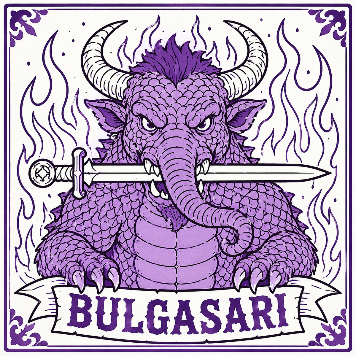 Lucky Cajun Bulgasari logo featuring the legendary iron-eating Korean monster — a purple composite beast with horns, tusks, scales, and claws biting a sword, surrounded by flames. The inspiration behind Lucky Cajun's Korean Cajun fusion seasoning blend.
