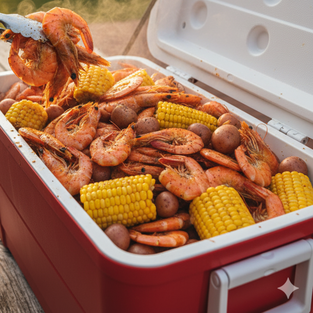 Shrimp Boil In Cooler with corn and potato