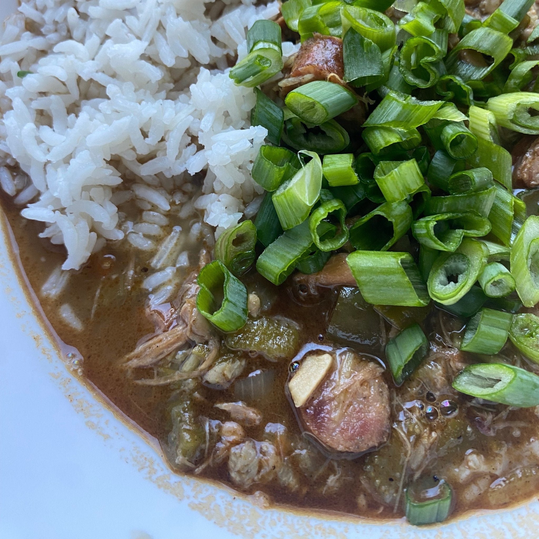 Close up of a white bowl of turkey and andouille gumbo made from Thanksgiving carcass stock with a dark corn oil roux and Lucky Cajun Black Label fresh ground Cajun seasoning garnished with sliced green onions over basmati rice