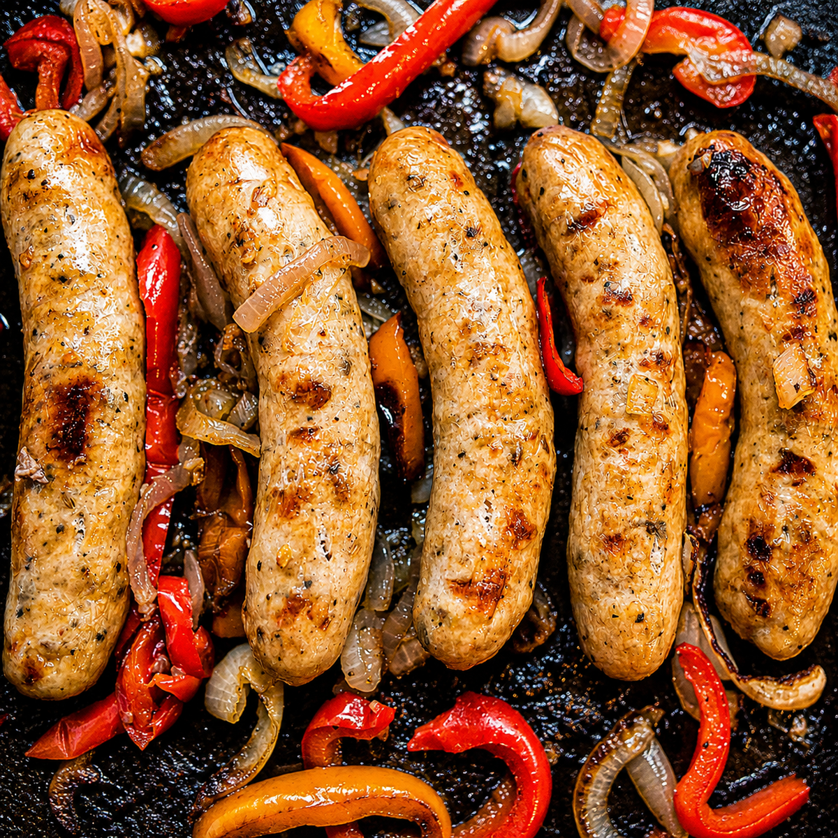 rOASTED bRATS WITH PEPPER AND ONIONS
