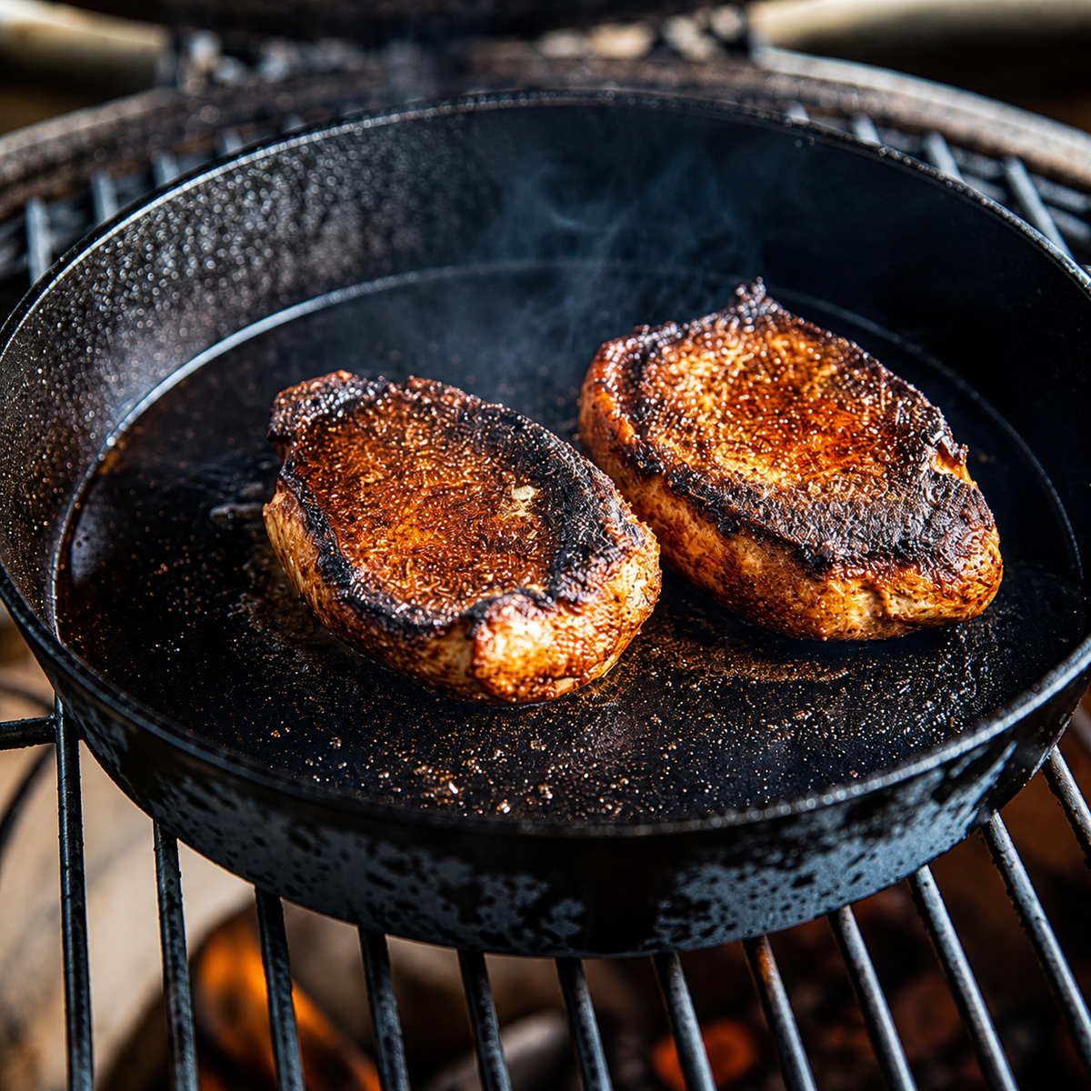 Blackened pork chops cooked in cast iron skillet of hot fire seasoned with lucky cajun.