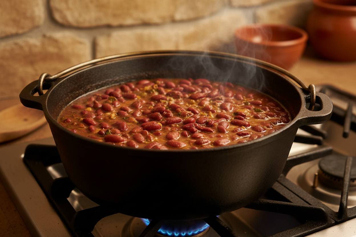 Dutch oven on the stove with a pot of creamy red beans and rice made with country ham stock and Lucky Cajun Salt-Free Original fresh ground Cajun seasoning honoring the Louisiana Monday red bean tradition