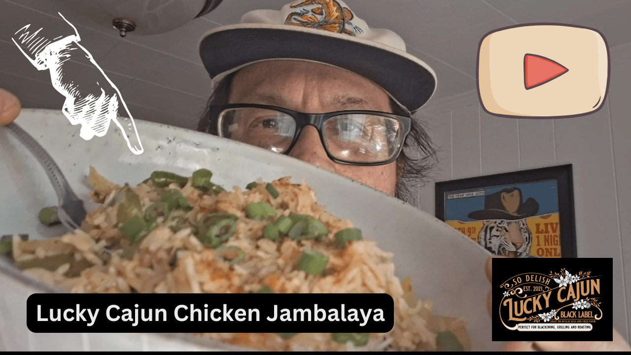 Chicken jambalaya made with Lucky Cajun Black Beard's Smoke fresh ground Cajun seasoning showing dark roux chicken thighs holy trinity vegetables and basmati rice in a cast iron Dutch oven