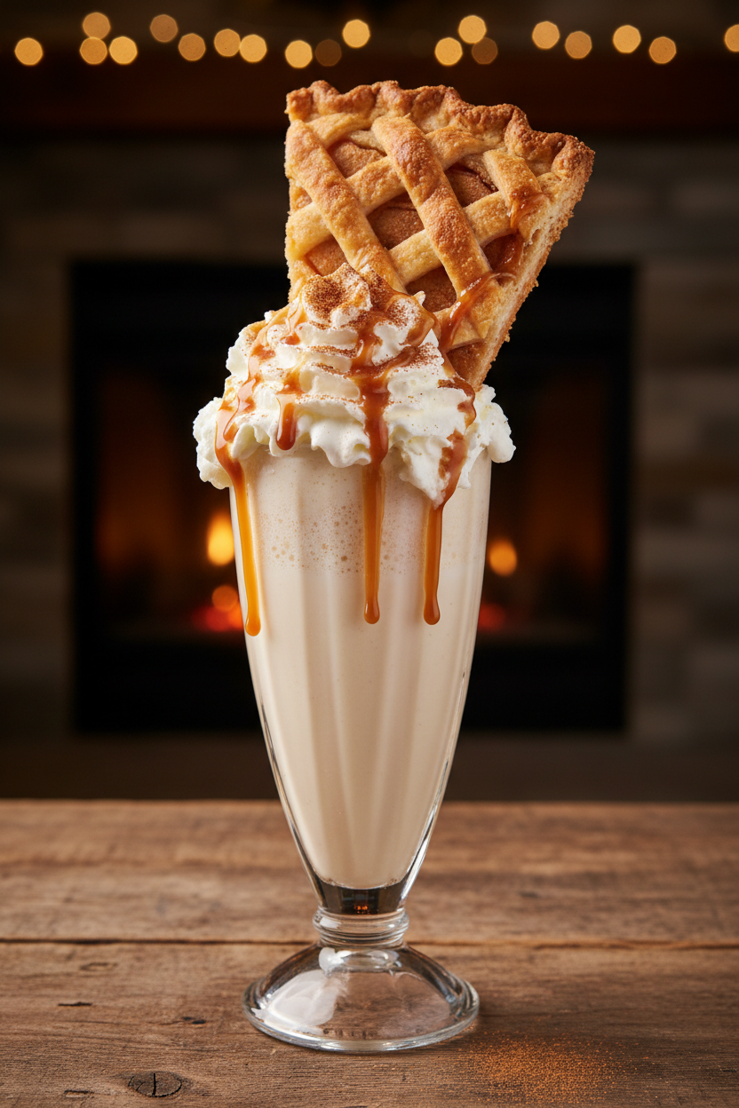 Apple pie milkshake with a slice of pie shoved into the top whipped cream and caramel drizzle showing the No-BS Holiday Cookbook leftover love story dessert remix that makes Thanksgiving leftovers better than the original meal