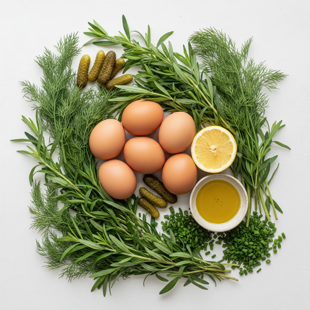 Overhead shot of fresh herbs lemon cornichons eggs and olive oil ingredients for homemade tartar sauce with pickled shallots and Lucky Cajun Black Label