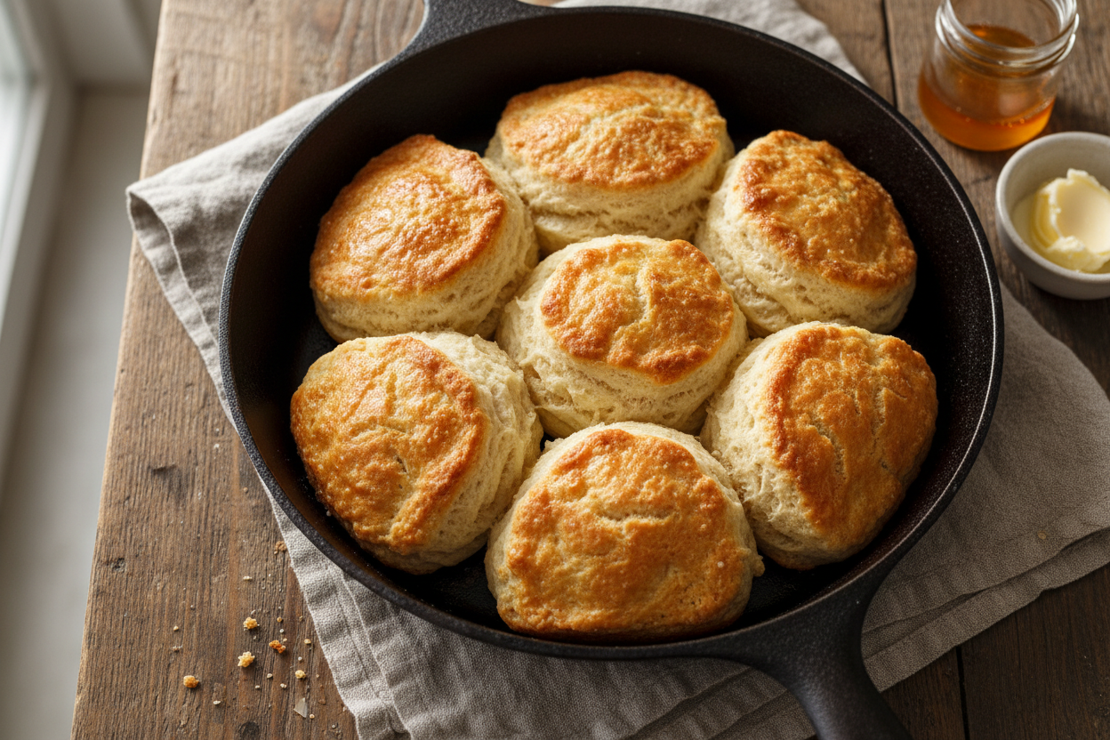 Cast iron skillet of homemade buttermilk biscuits served with butter and honey on a wooden table showing the golden flaky result of the No-BS Holiday Cookbook biscuit recipe