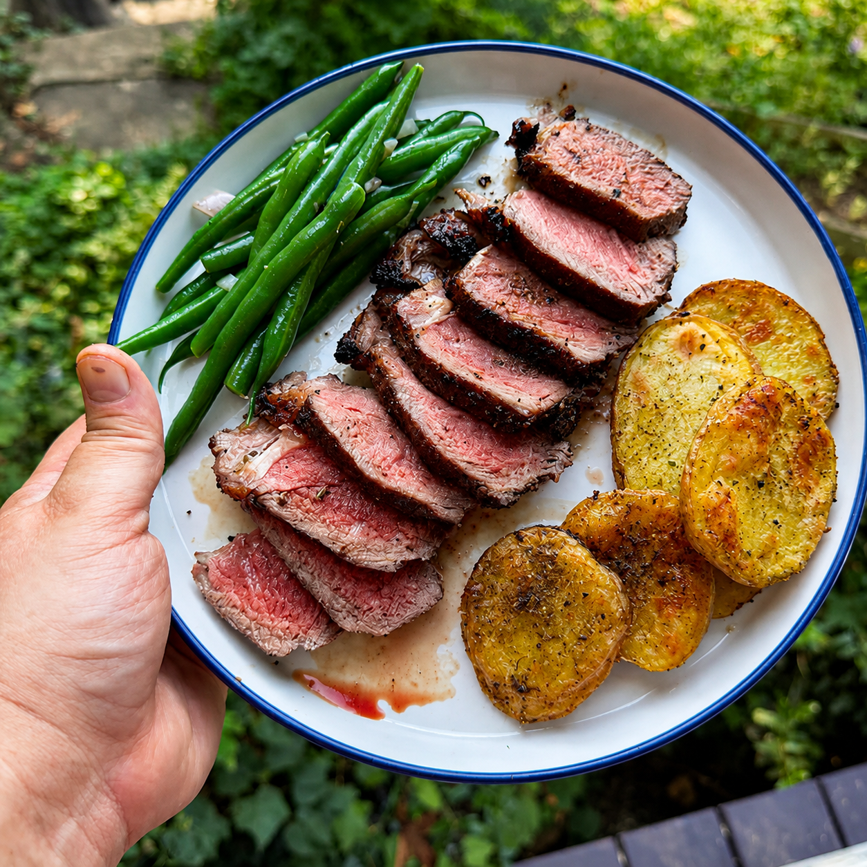 A hand holds a white enamel plate with a blue rim, containing sliced cooked beef steak, green beans, and roasted potato slices, with an outdoor garden background.
