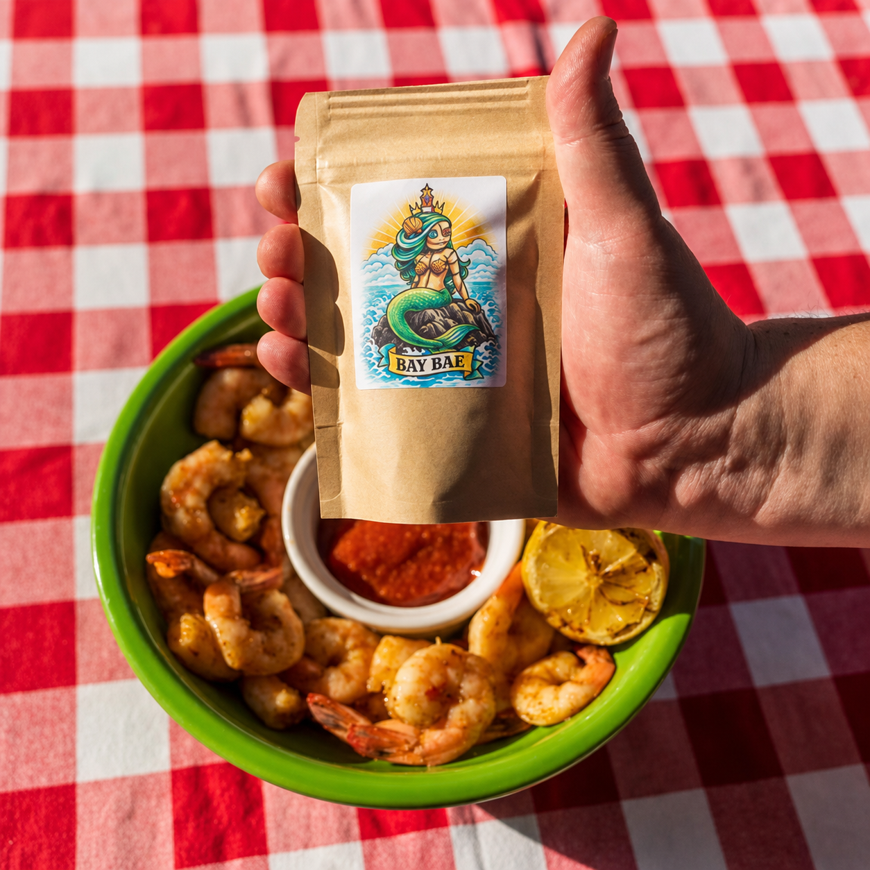 Poached shrimp with cocktail sauce, grilled lemon and Bay Bae seafood seasoning bag β Lucky Cajun
