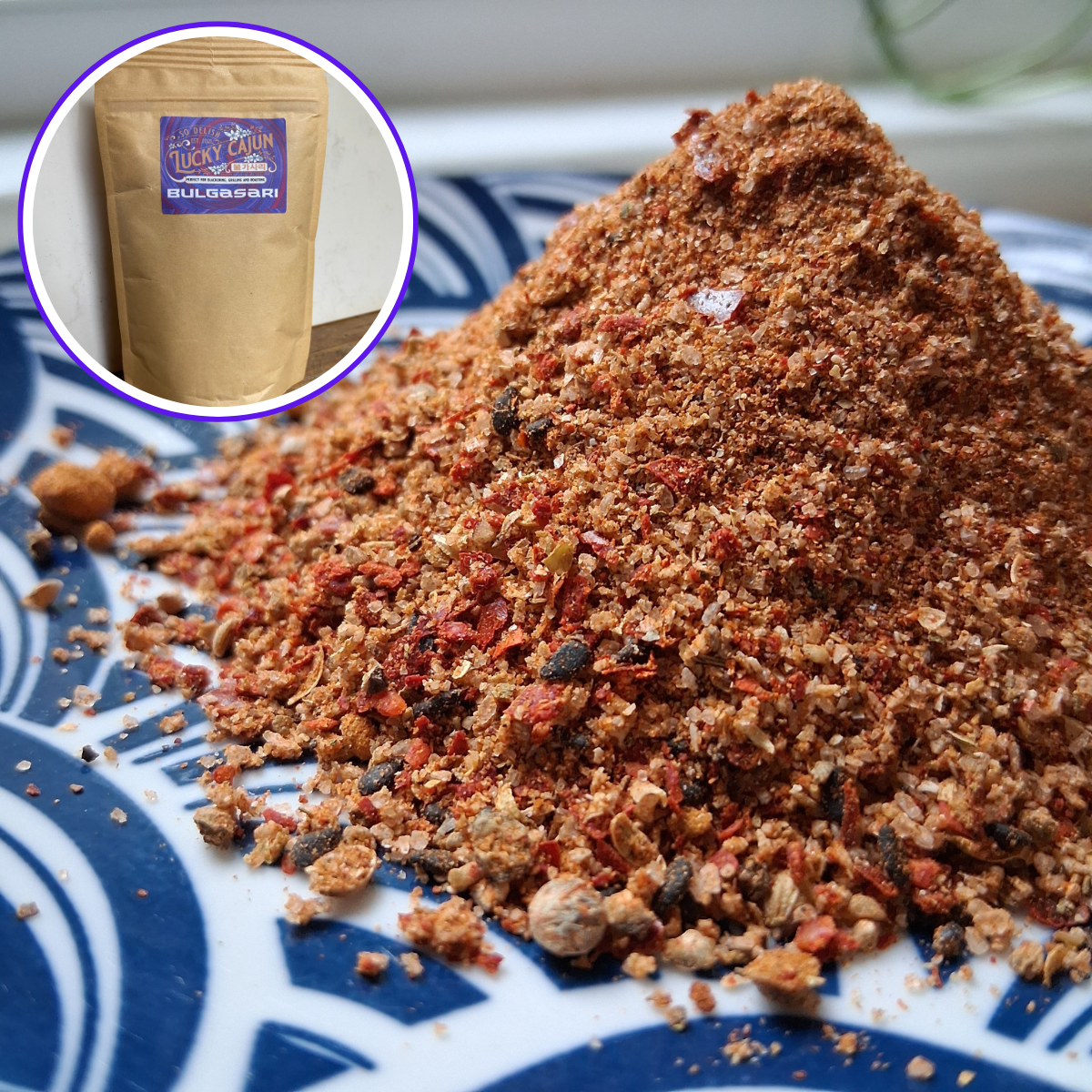 Mound of Lucky cajun Bulgasari with window of packaging