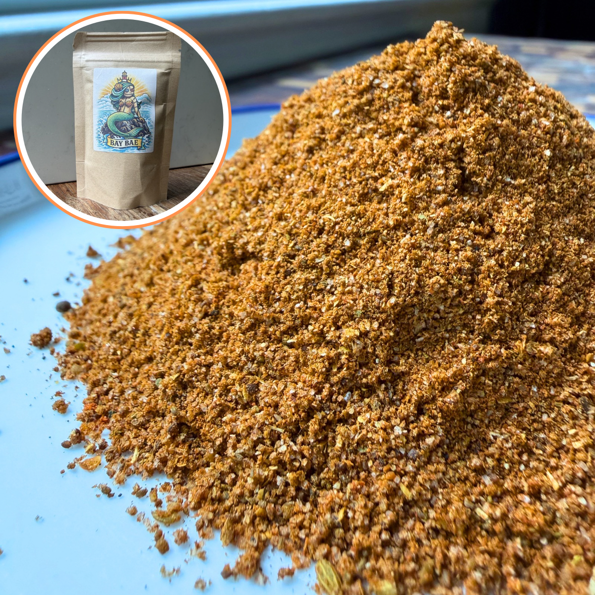 Fresh-ground Bay Bae seafood seasoning close-up showing spice texture — Lucky Cajun Handmade