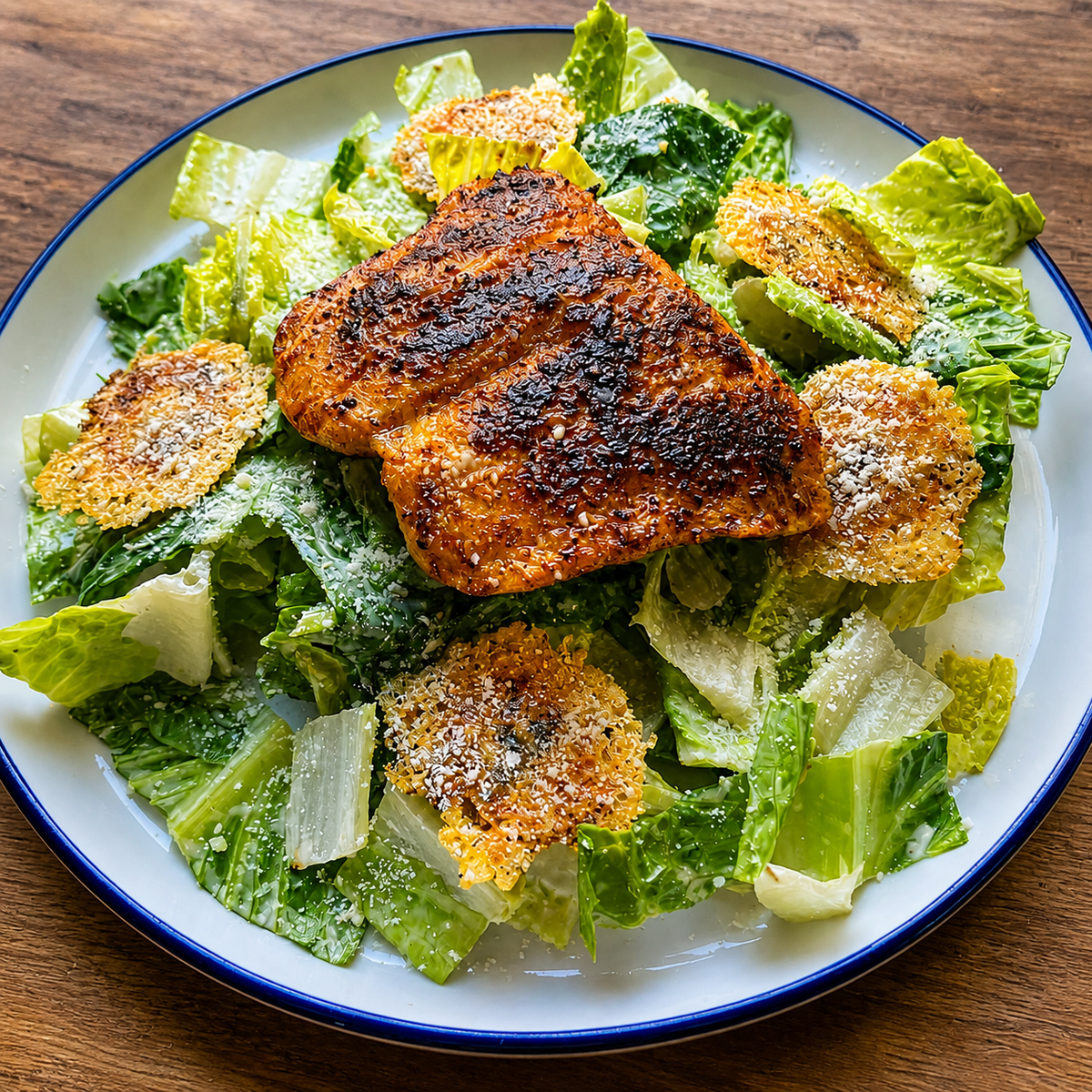 Blackened Salmon Caesar with parmasean crisps on white plate and wooden table.