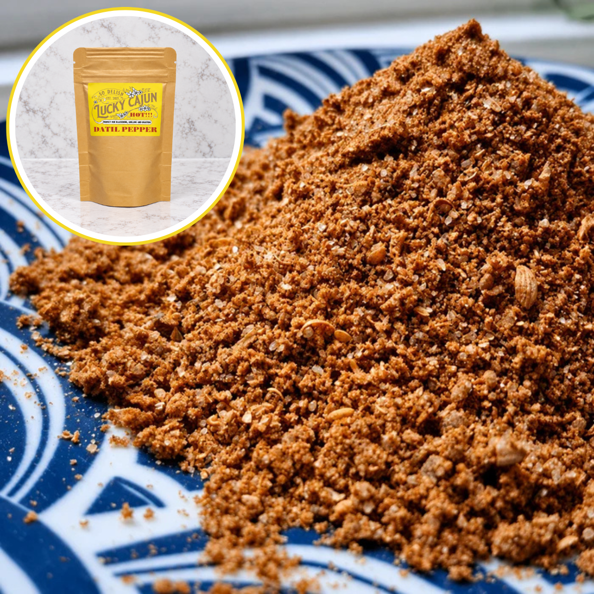 Fresh-ground Fiery Datil Cajun seasoning piled on a plate, a rare datil pepper blend with sweet, fruity, citrusy heat