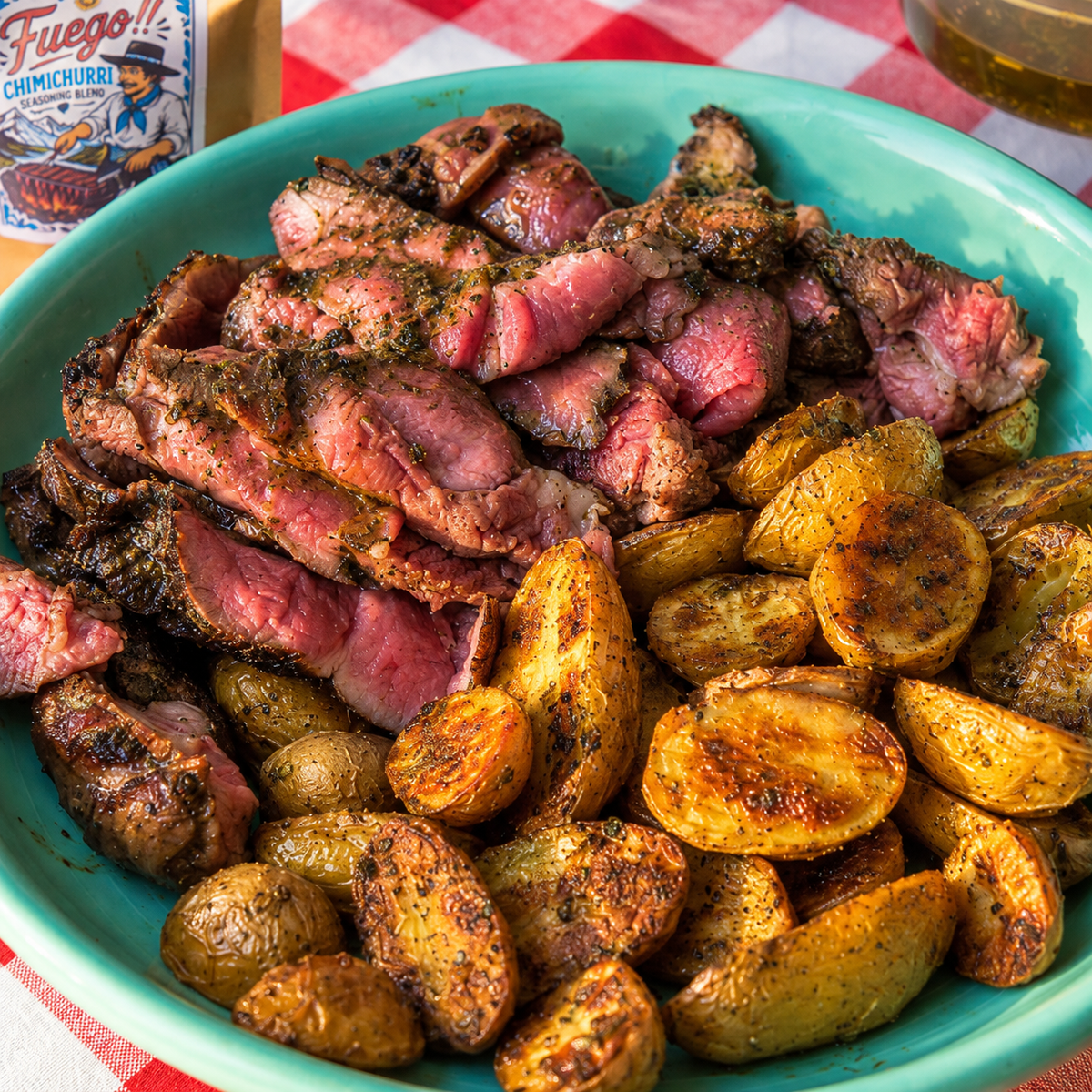 A close-up of a large turquoise bowl filled with sliced grilled lamb and roasted potato wedges, set on a red-and-white checkered tablecloth. A bottle labeled Fuego! Chichiburri is partially visible at the top left.