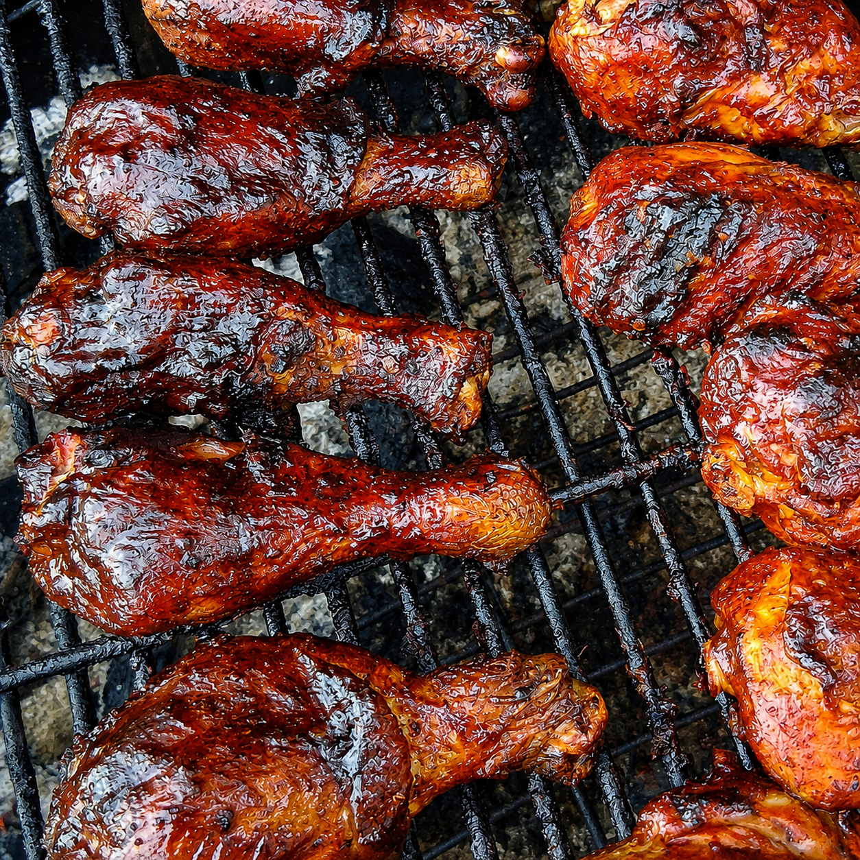 Close-up of glazed chicken drumsticks and pieces cooking on a black grill grate over coals.