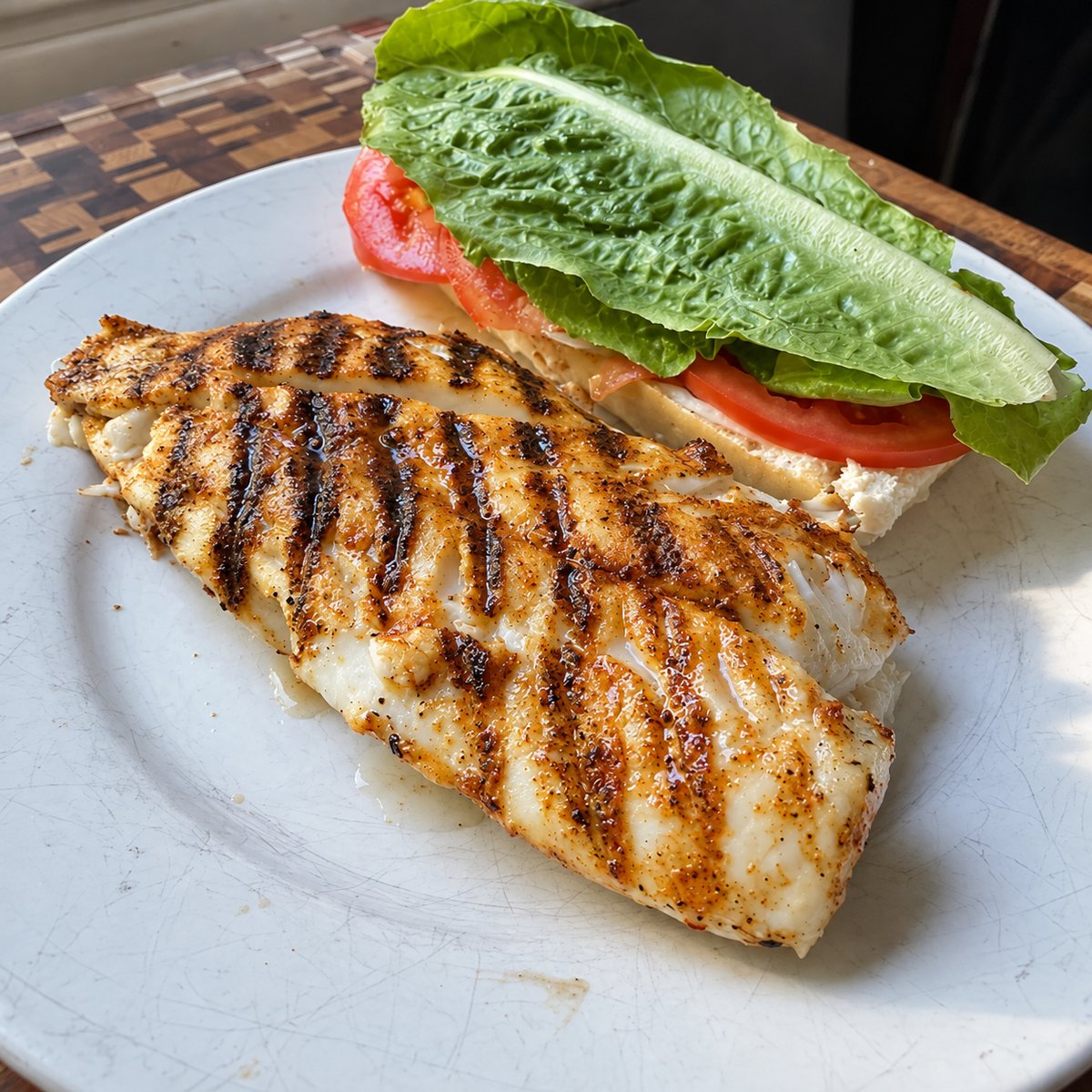 Grilled fish fillet with dark char marks on a white plate, served next to a sandwich with lettuce and tomato on a french bread roll.