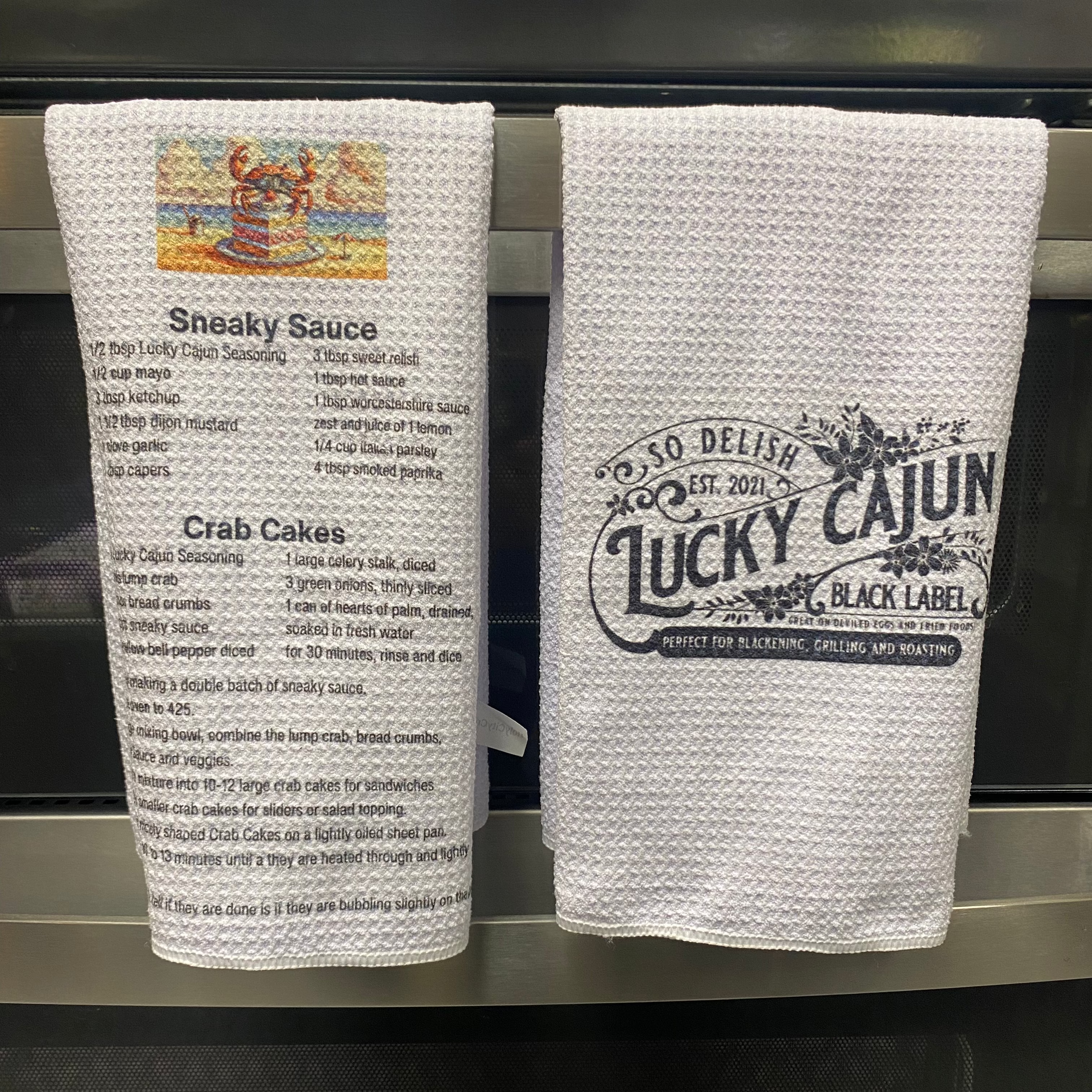 Towel Set Crab Cake Recipe and Black Label Logo