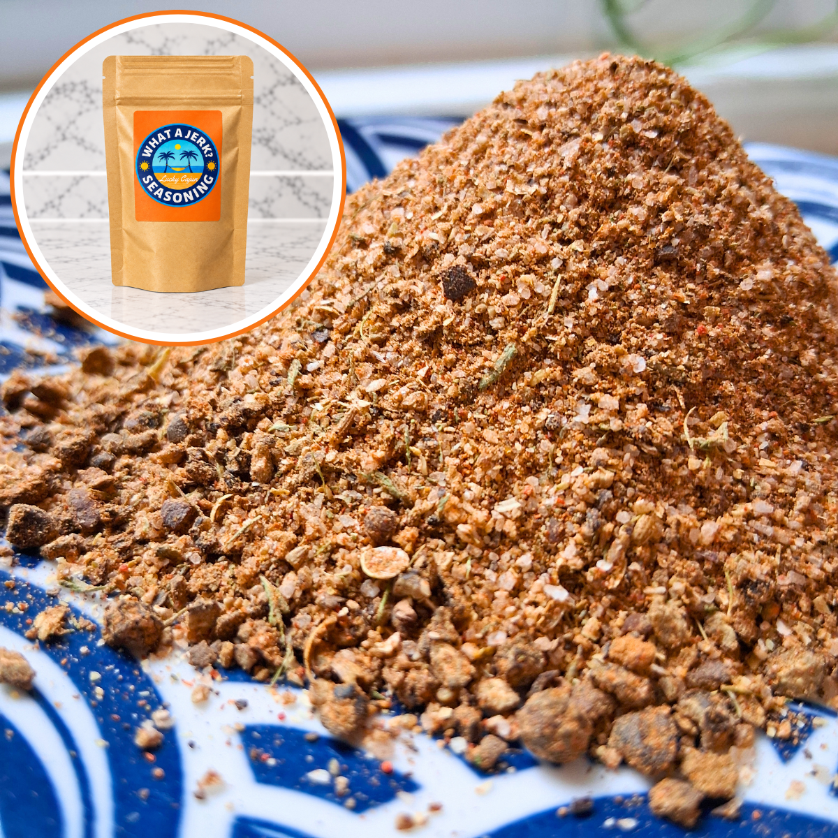 A close-up of a mound of brown spice seasoning blend on a blue-and-white patterned plate, with a circular inset showing a pouch of West & Woods Seasoning.