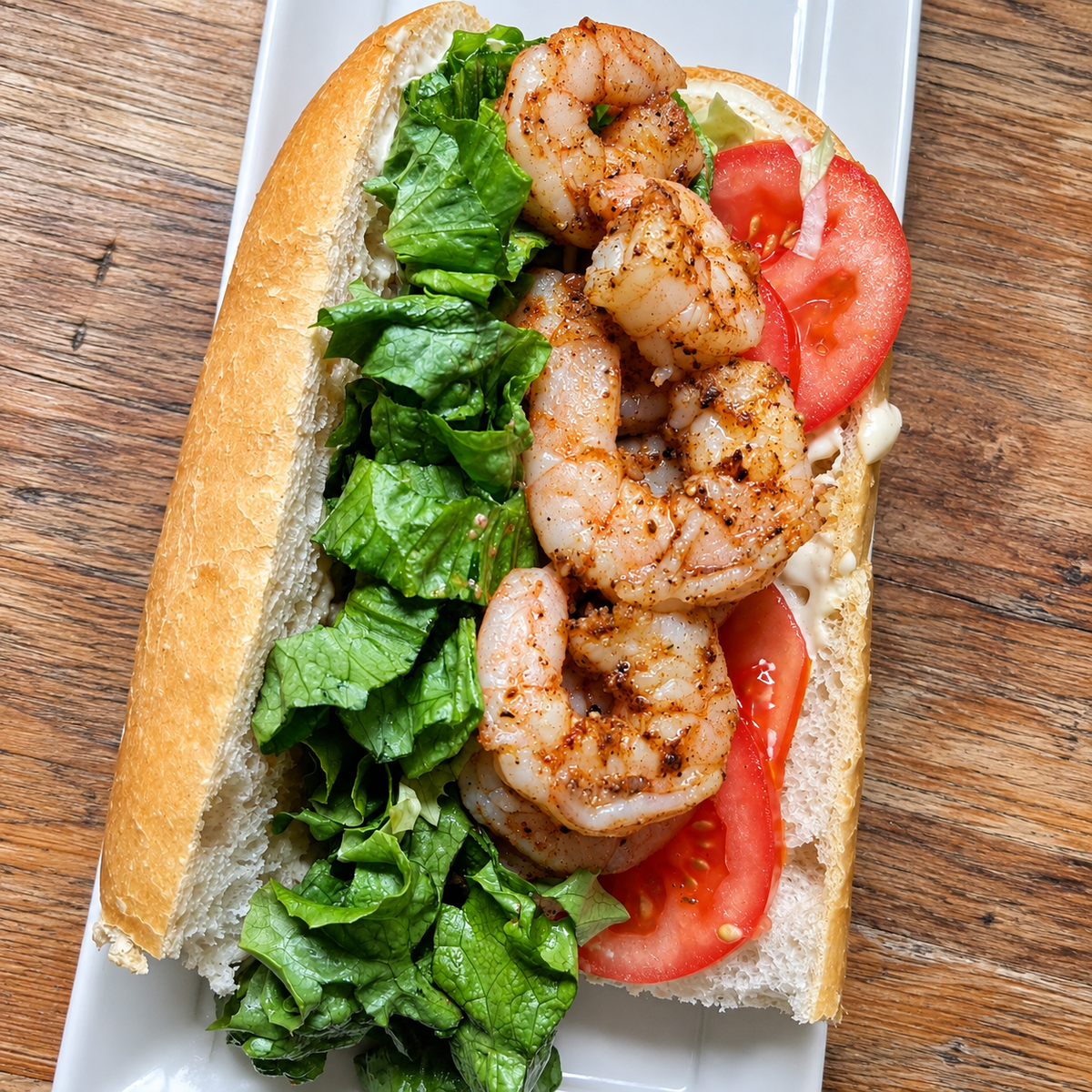 A close-up overhead shot of a shrimp and lettuce sub sandwich on a white plate, set on a wooden table. The sandwich features cooked shrimp, fresh green lettuce, tomato slices, and a white sauce on a baguette.