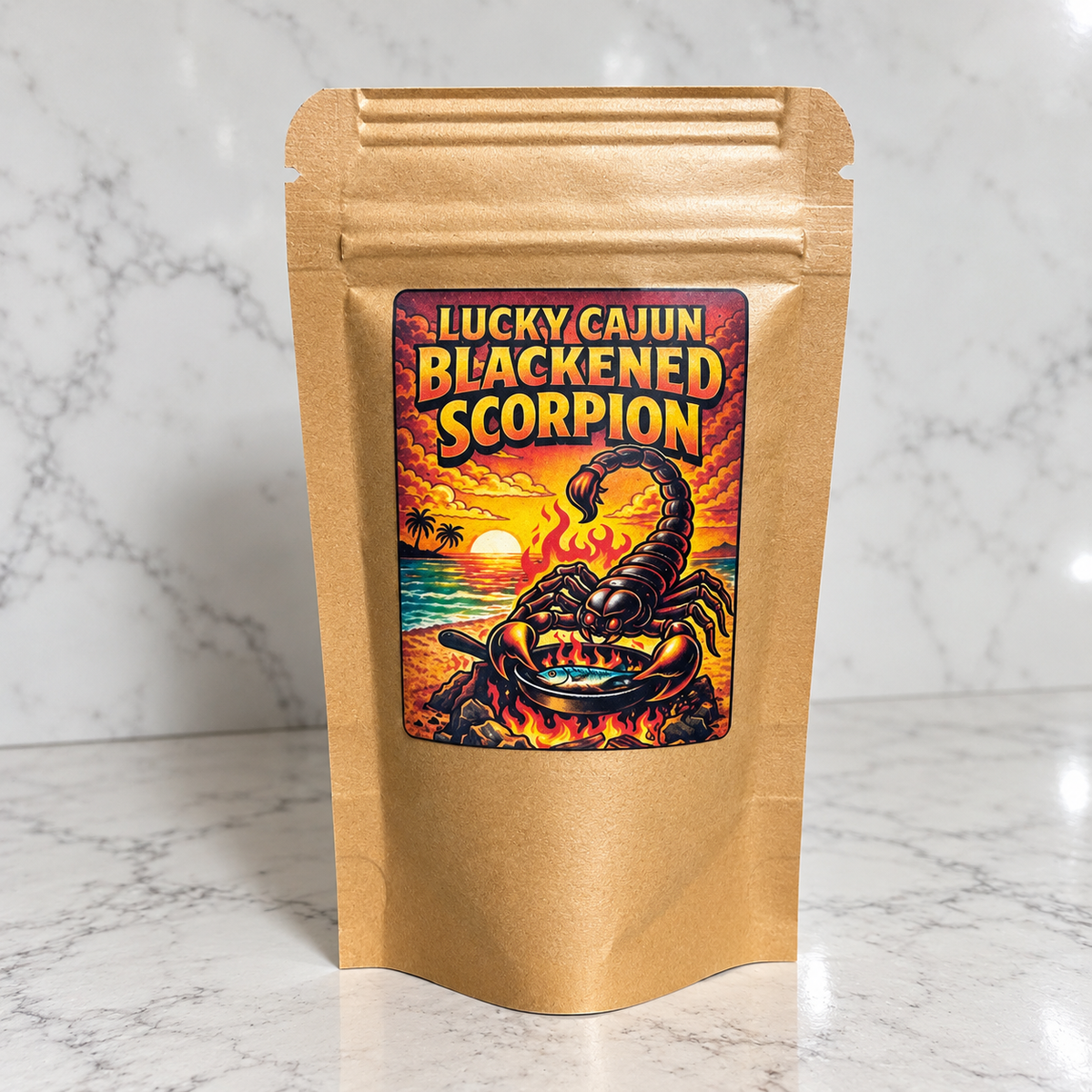 A brown kraft paper stand-up pouch with a colorful front label reading 'LUCKY CAJUN BLACKENED SCORPION,' photographed on a white marble surface against a white marble wall.