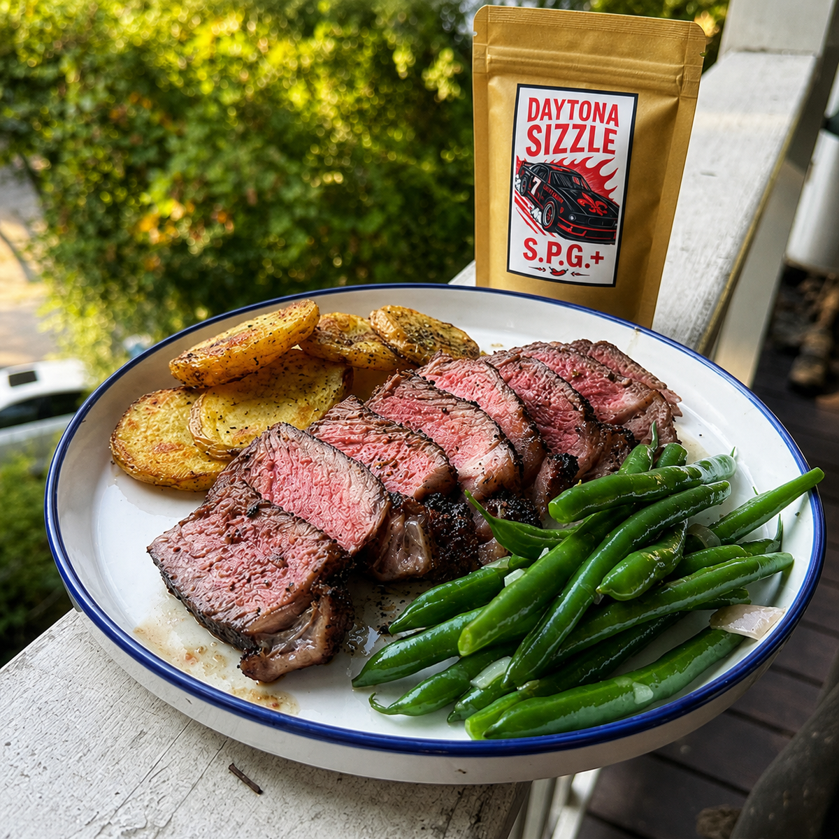 A plated meal with sliced cooked meat, green beans, and potato wedges on a white plate with a blue rim, standing on a porch next to a gold pouch labeled Daytona Sizzle S.P.