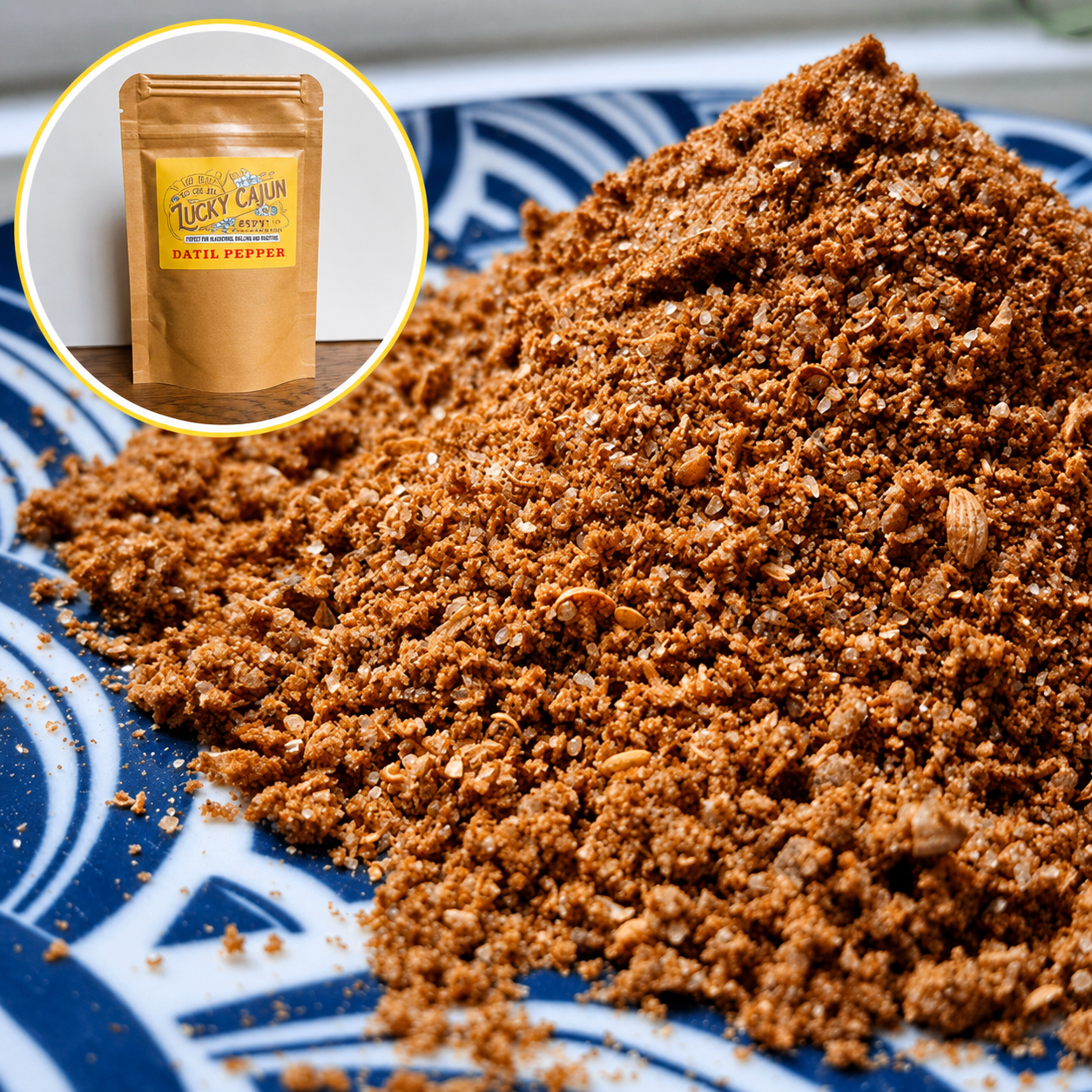 A close-up pile of Fiery Datil spice blend on a plate showing the coarse texture of fresh-ground Datil peppers, smoked paprika, and Sichuan peppercorns. No fillers or anti-caking agents.
