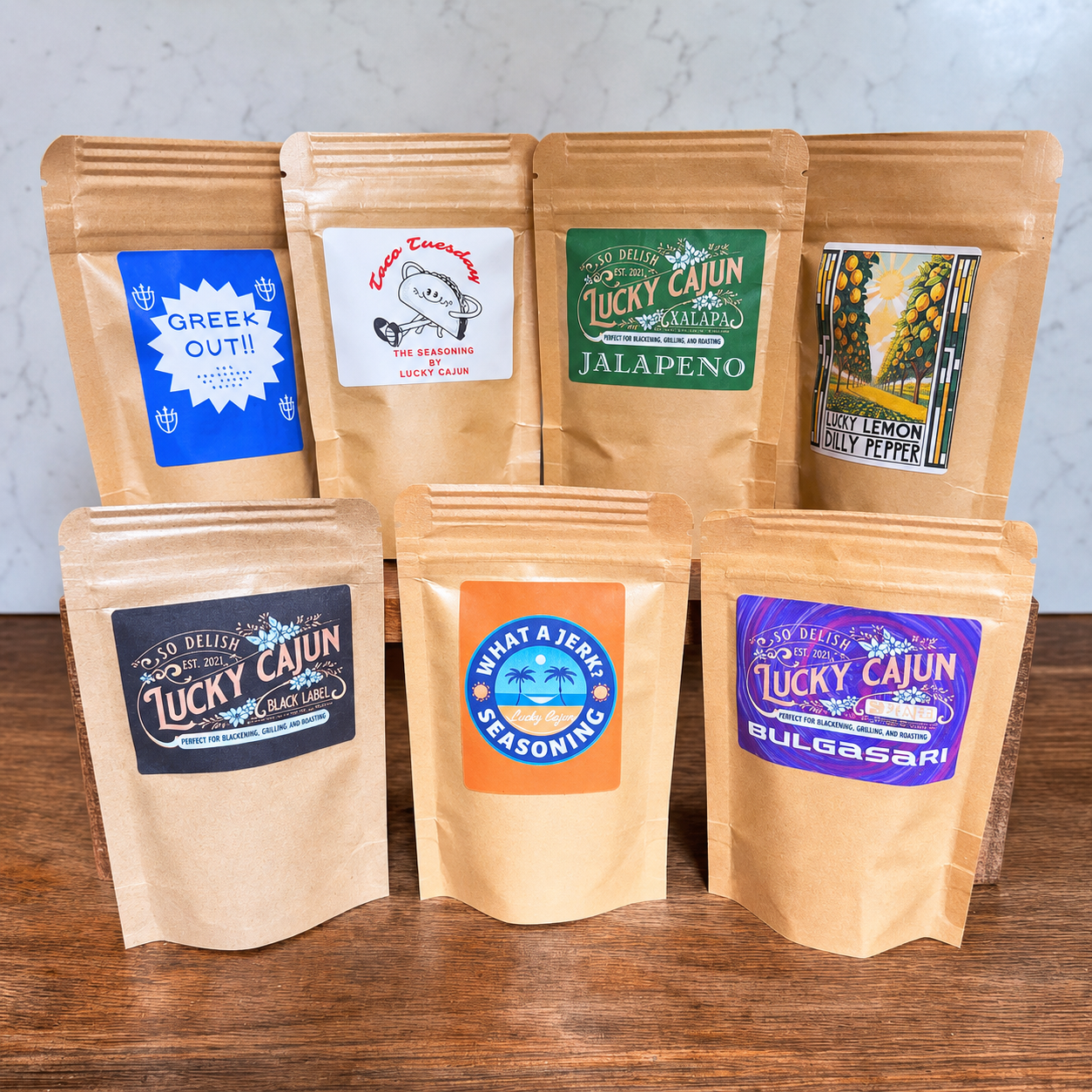 Lucky Cajun 7-blend fresh-ground chicken seasoning bundle — Greek Out, Taco Tuesday, Jalapeño, Lemon Dilly Pepper, Black Label, What A Jerk, Bulgasari