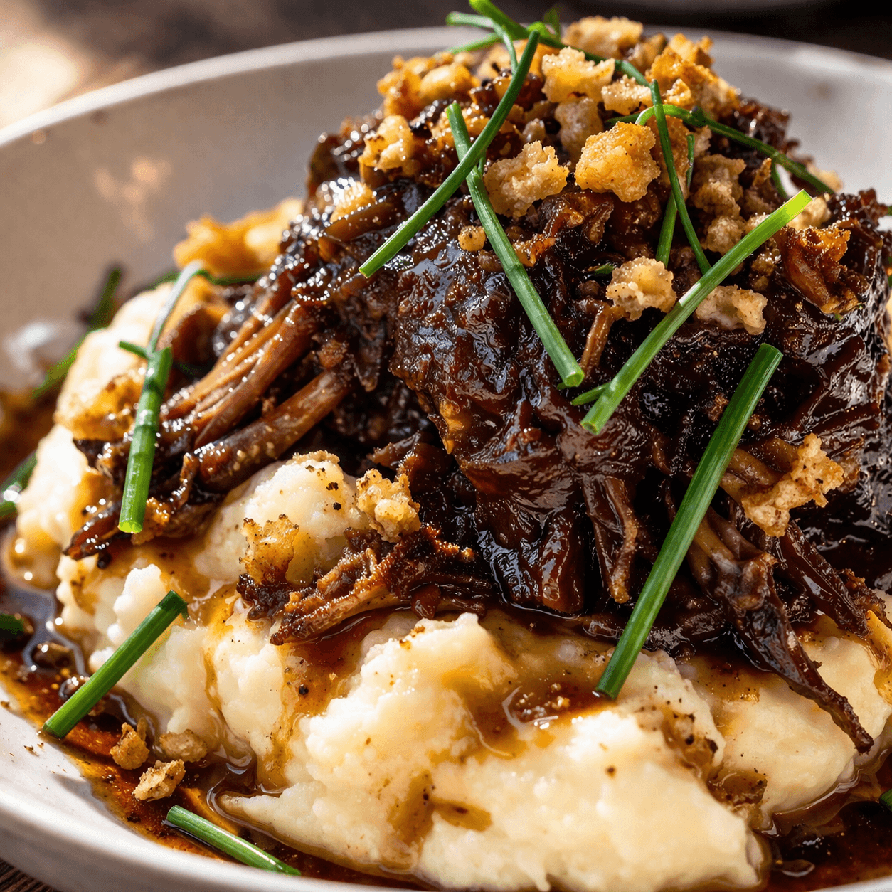 Slow-cooked French Onion beef seasoned with Lucky Cajun Black Label, served over Gruyere mashed potatoes with chives and crispy butter croutons. Rich, herb-forward comfort food.