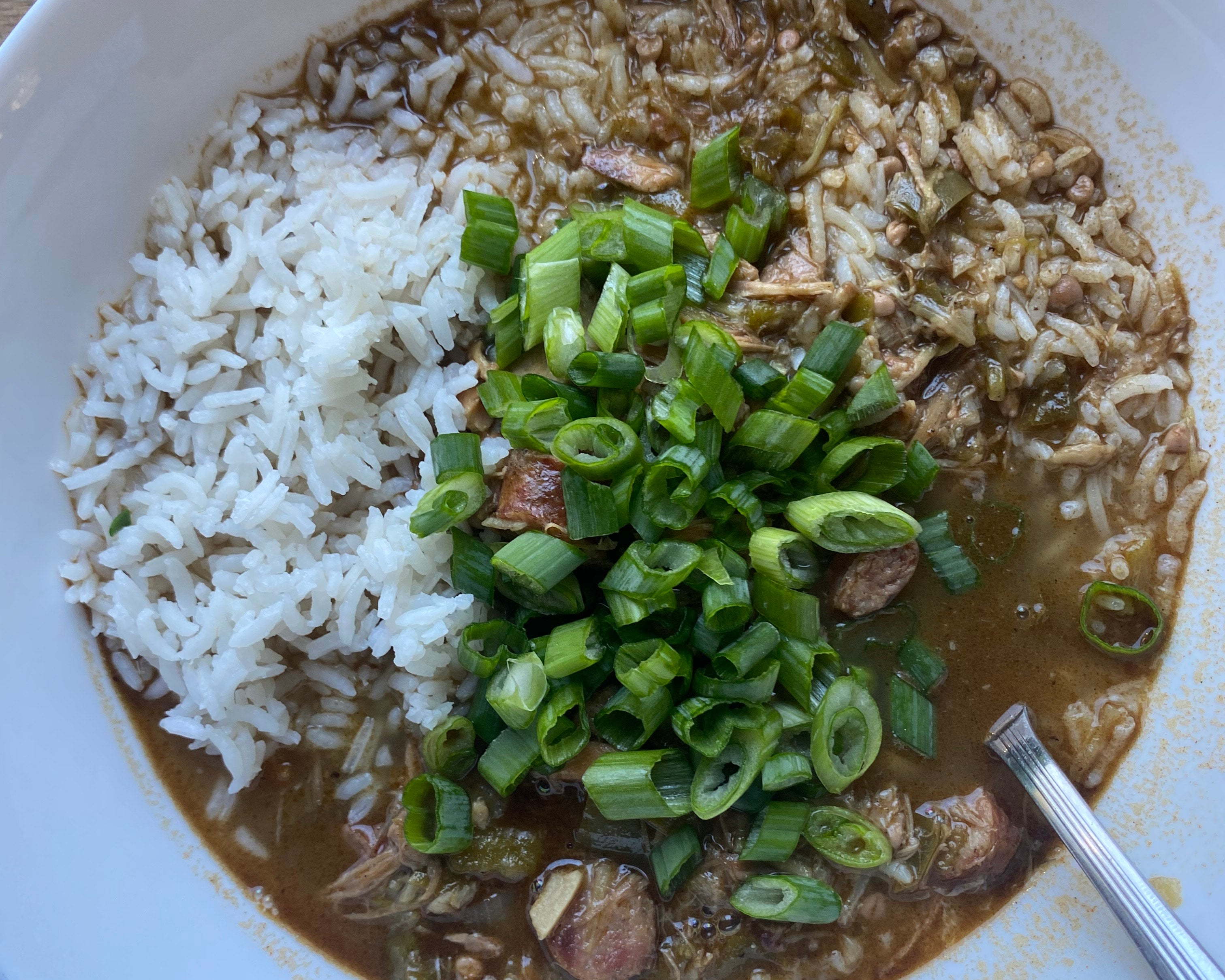 Bowl of chicken sausage gumbo with greenonions