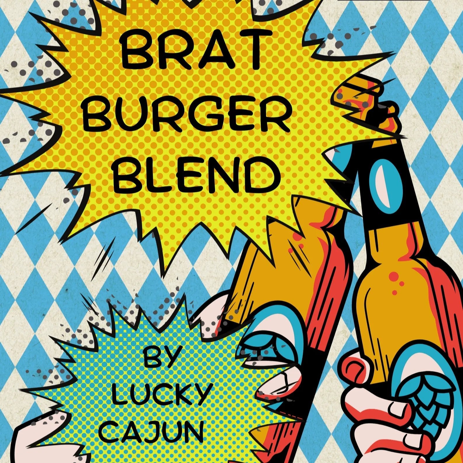 Lucky Cajun Brat Burger Blend logo featuring a classic German-style illustration with a beer stein and the bold text 'Brat Burger Blend'—authentic seasoning for any ground meat.