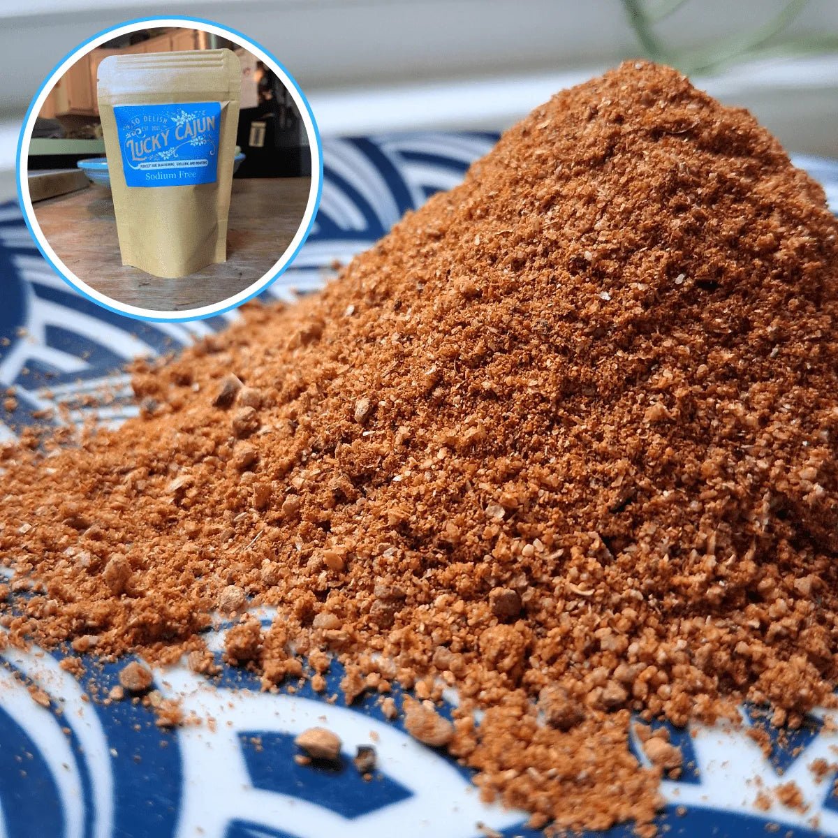 A coarse-ground pile of Lucky Cajun Salt-Free Original seasoning, showing the texture of smoked paprika, Sichuan peppercorns, and herbs—a handcrafted, zero-sodium solution.
