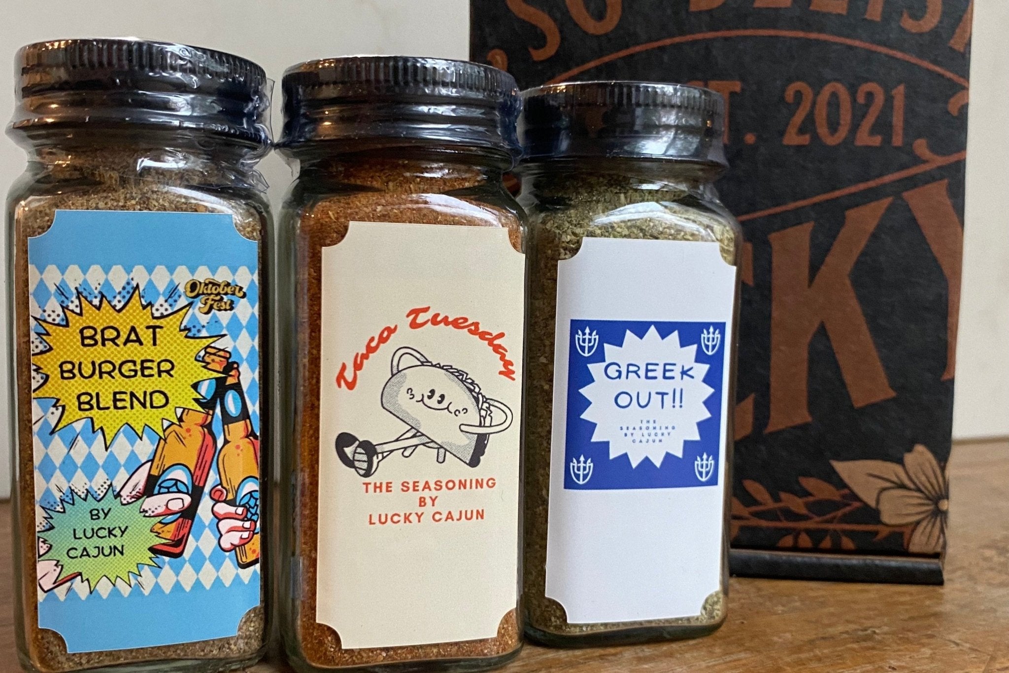 Lucky Cajun Seasoning 3 - Pack Box Set - Brat Burger, Taco Tuesday and Greek Out! - Lucky Cajun Hand Made Seasoning