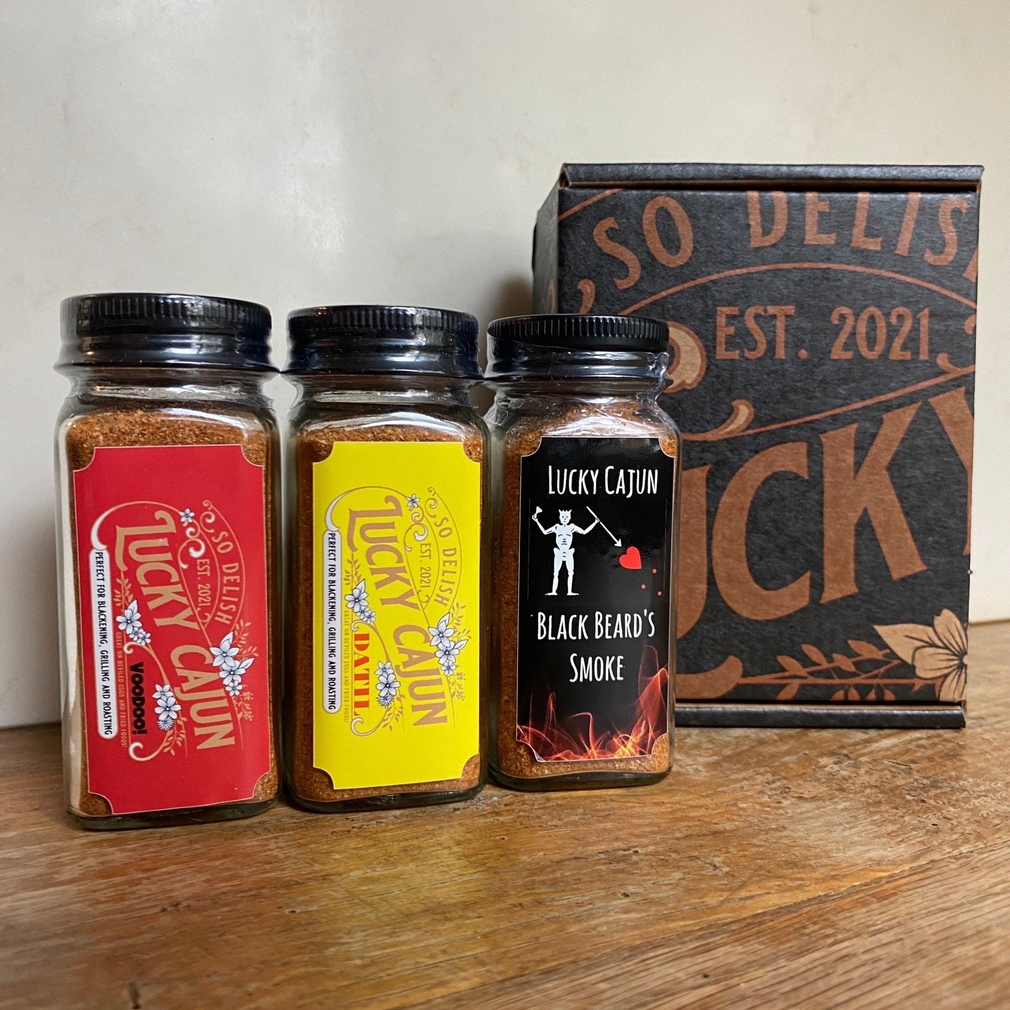 Lucky Cajun Seasoning 3 - Pack Box Set - Voodoo, Datil and Black Beard's Smoke! - Lucky Cajun Hand Made Seasoning