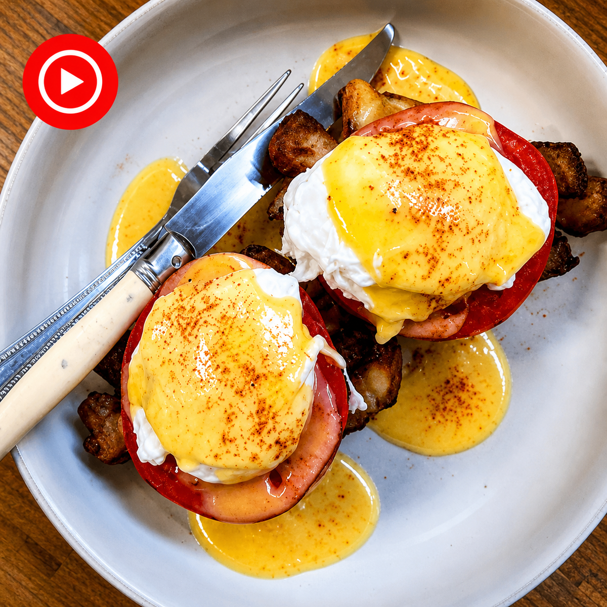 Hollandaise sauce on eggs hussarde with tasso and tomato seasoned with Lucky Cajun