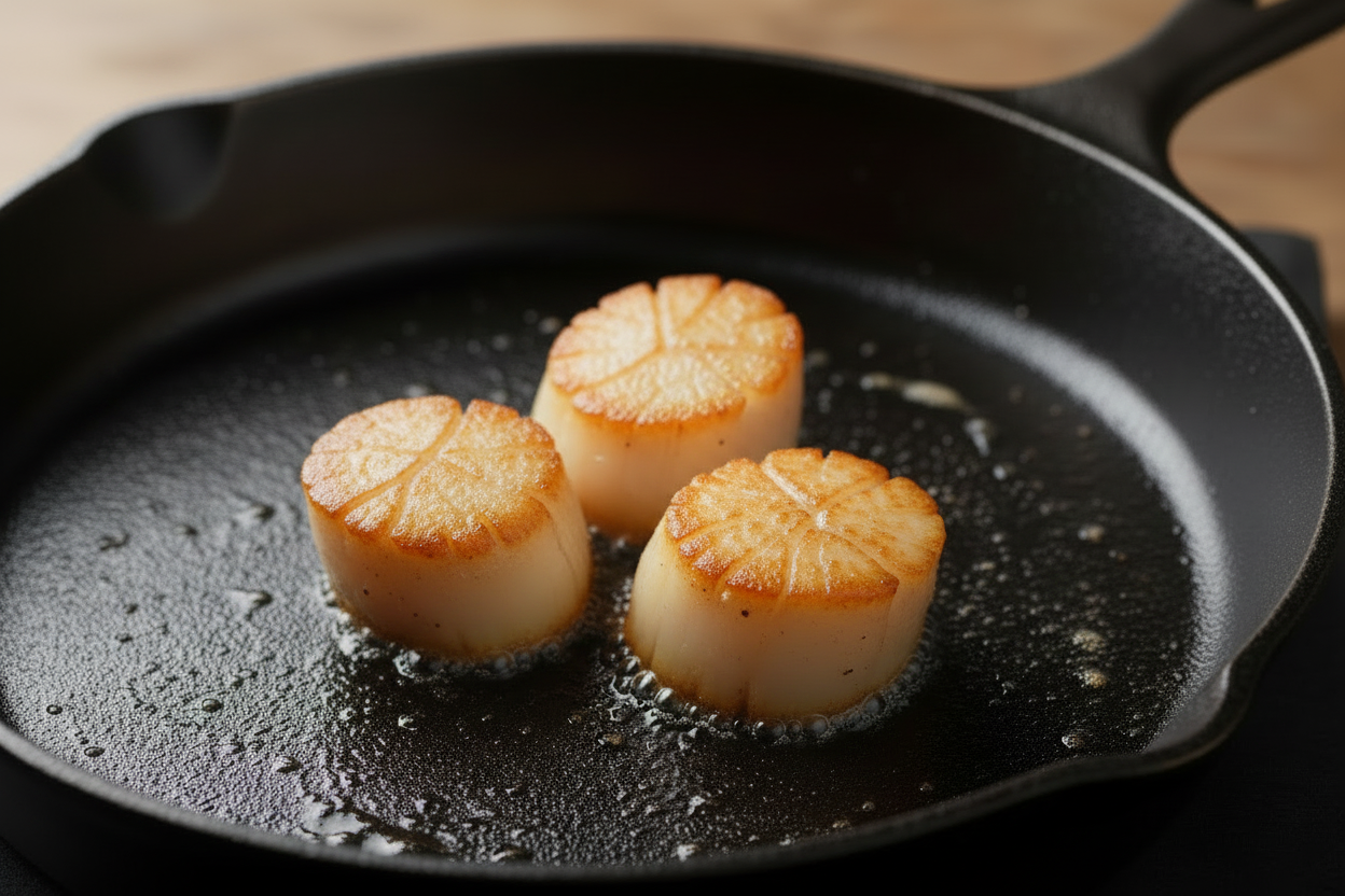 Scallops searing flat-side down in a cast iron pan showing the golden brown crust from a hot pan and dry scallops seasoned lightly with Lucky Cajun