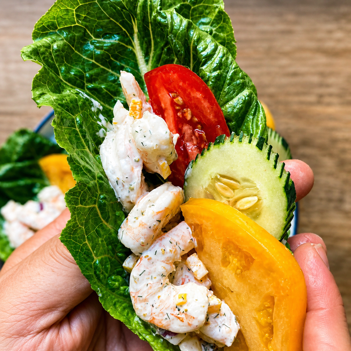 Lucky Cajun shrimp salad with poached Cajun seasoned shrimp Lucky Lemon Dilly Pepper yellow bell pepper red onion and cornichons in a bowl showing how to season Cajun shrimp the right way with fresh ground Lucky Cajun seasoning