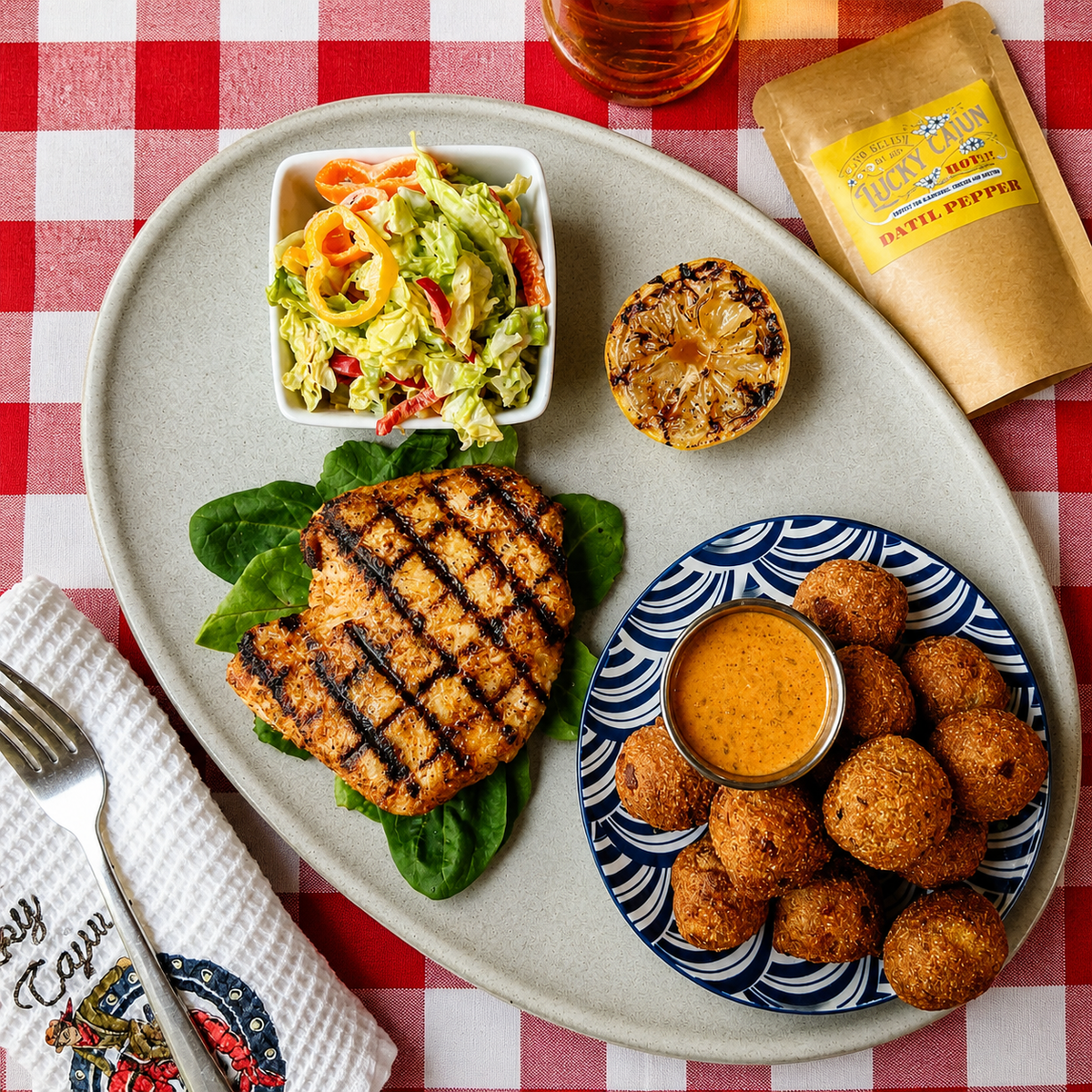Grilled grouper fillet with Fiery Datil hush puppies, creamy remoulade sneaky sauce, and fresh coleslaw slaw plated with Lucky Cajun seasoning