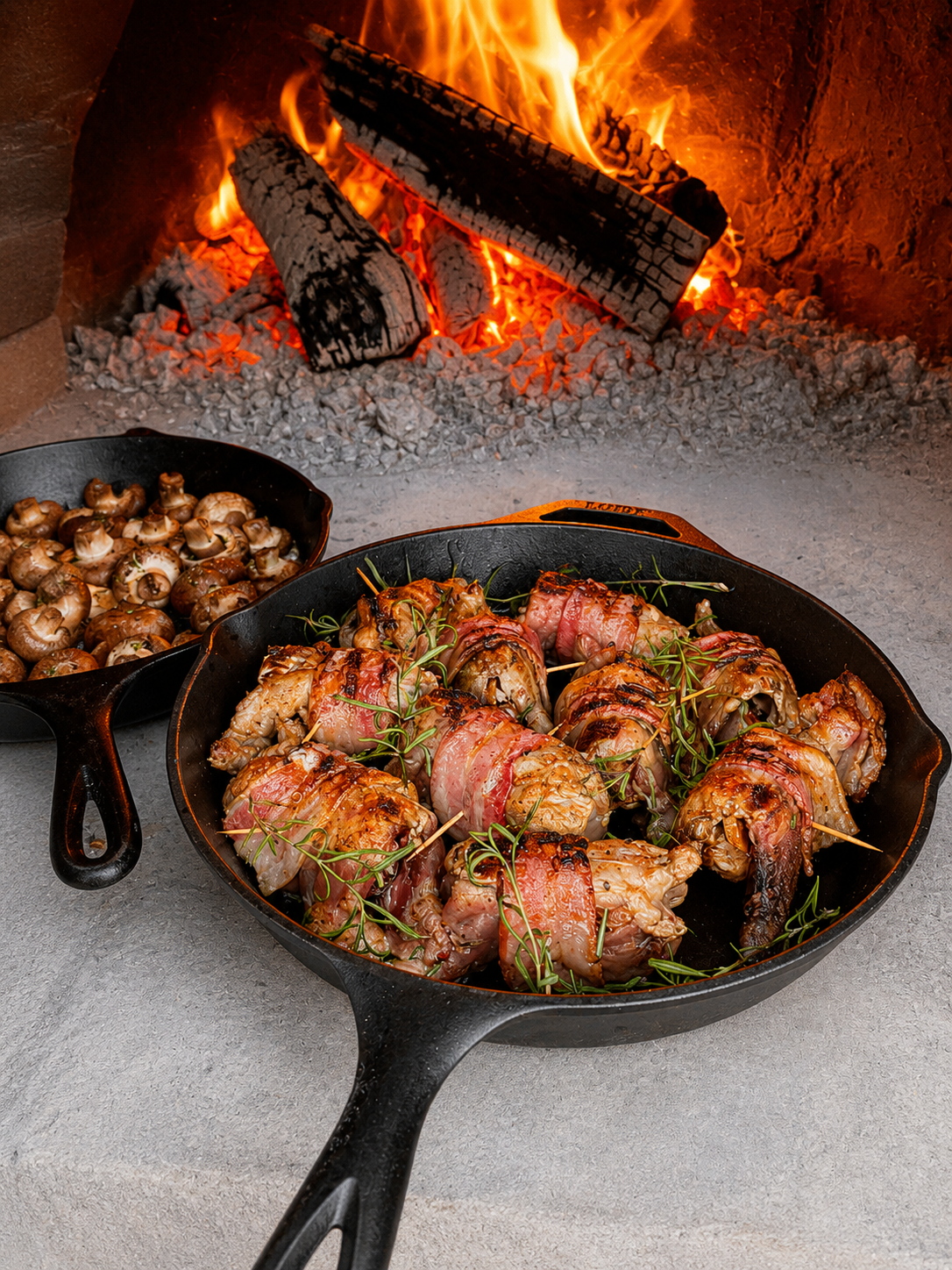 Bacon-wrapped quail in a cast iron skillet in a wood-fired oven, topped with fresh rosemary sprigs, stuffed with dates and pecans and seasoned with Lucky Cajun Black Label.