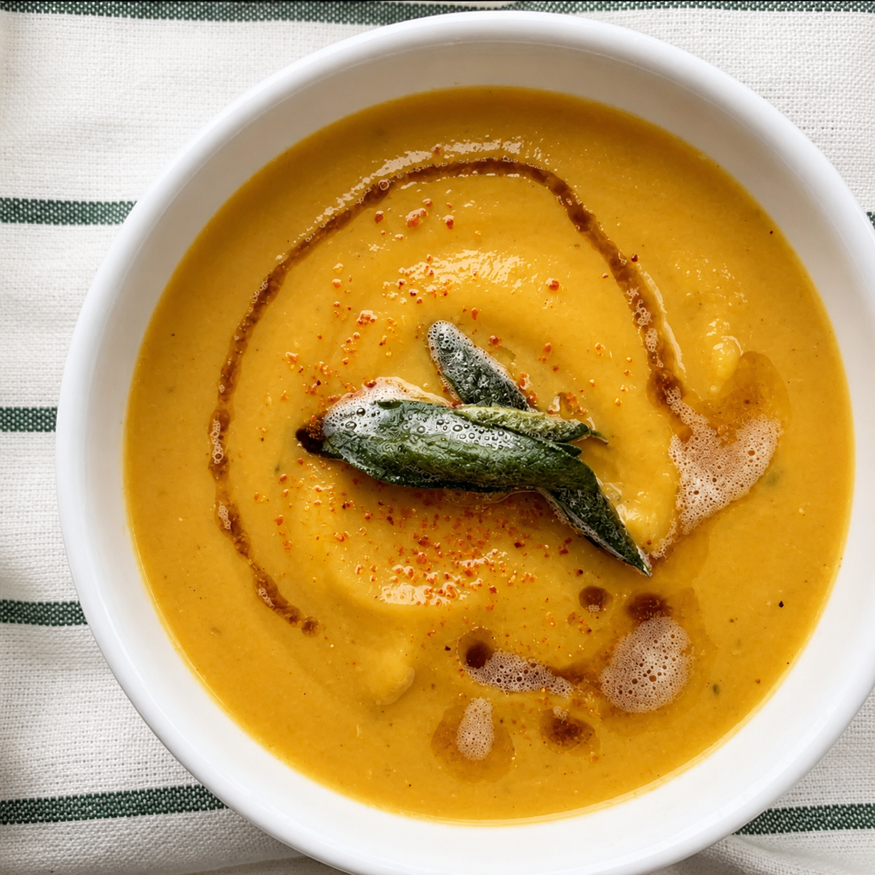 Bowl of creamy roasted butternut squash soup topped with brown butter fried sage on a striped tablecloth, seasoned with Lucky Cajun Black Label.