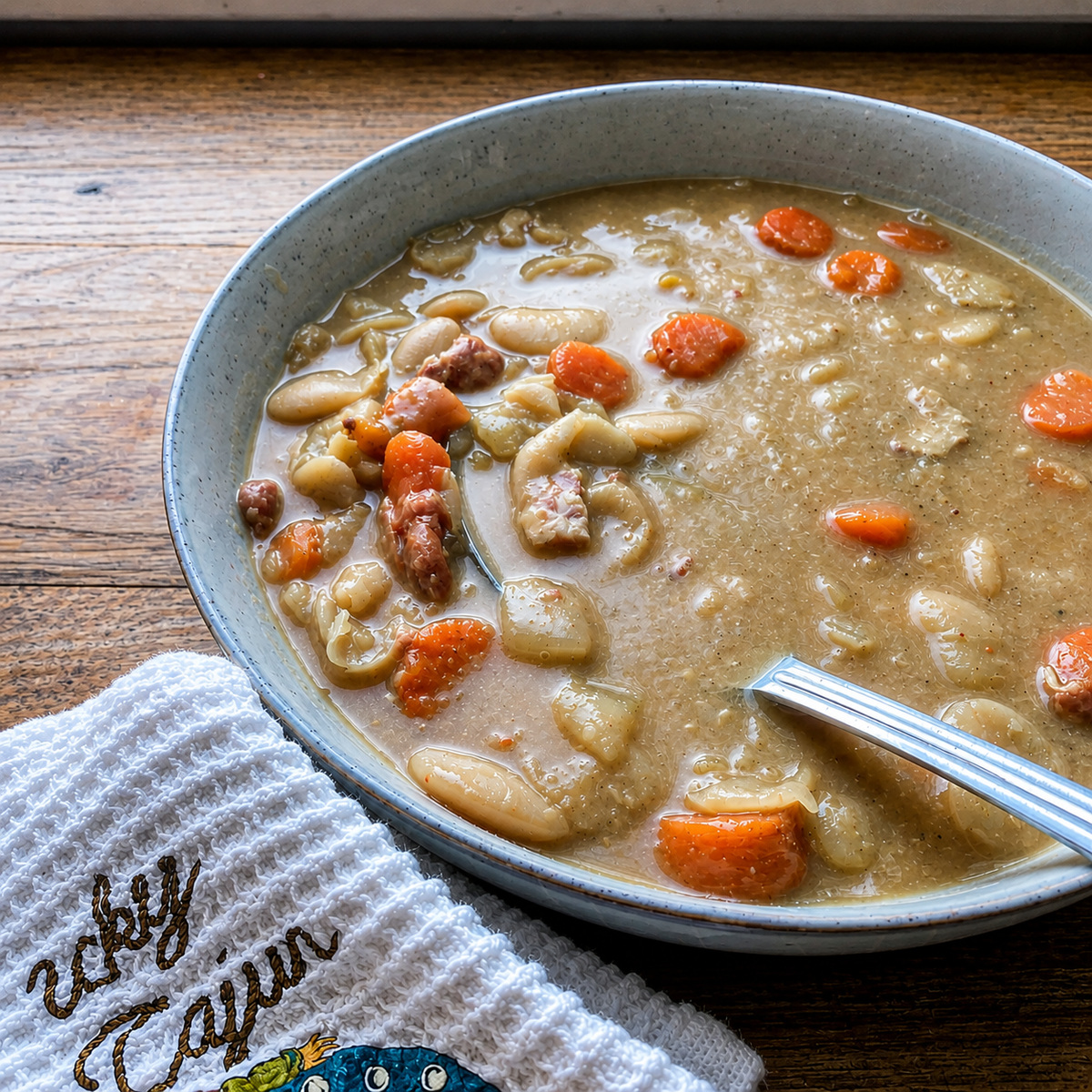 Close-up of hearty lima bean soup in a bowl with a spoon on a wooden table, made with Lucky Cajun Black Label seasoning and bacon.