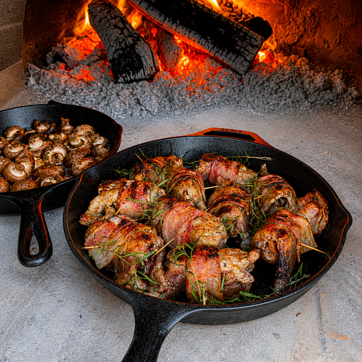 Bacon-wrapped quail in a cast iron skillet in a wood-fired oven, topped with fresh rosemary sprigs, stuffed with dates and pecans and seasoned with Lucky Cajun Black Label.