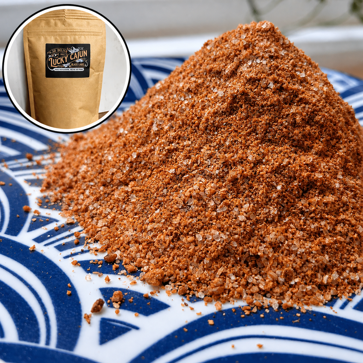 Close up pile of fresh ground Lucky Cajun Black Label Cajun seasoning showing vibrant color and texture of small batch weekly ground spice blend with Born-On Date guarantee
