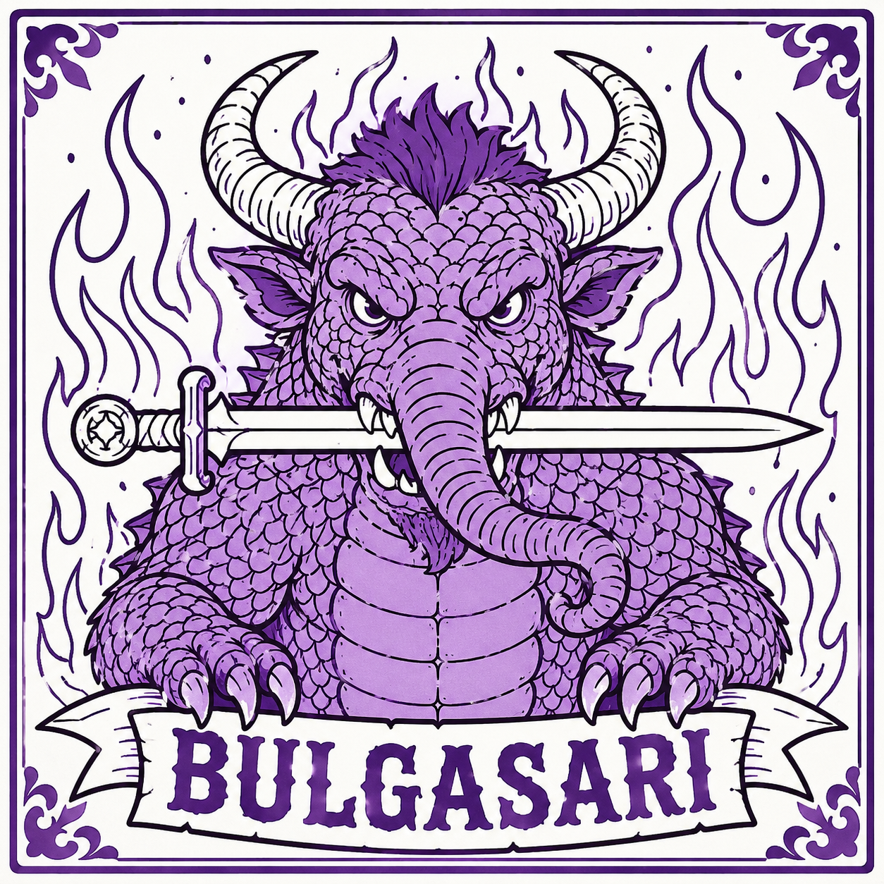 Lucky Cajun Bulgasari logo featuring the legendary iron-eating Korean monster — a purple composite beast with horns, tusks, scales, and claws biting a sword, surrounded by flames. The inspiration behind Lucky Cajun's Korean Cajun fusion seasoning blend.