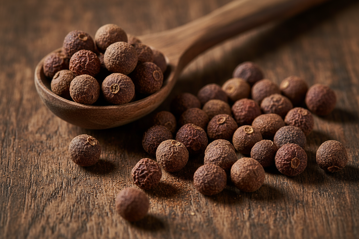 Whole allspice berries in a wooden spoon resting on a wooden table, with scattered pimento berries around it — the fresh-ground base of authentic Jamaican jerk seasoning.