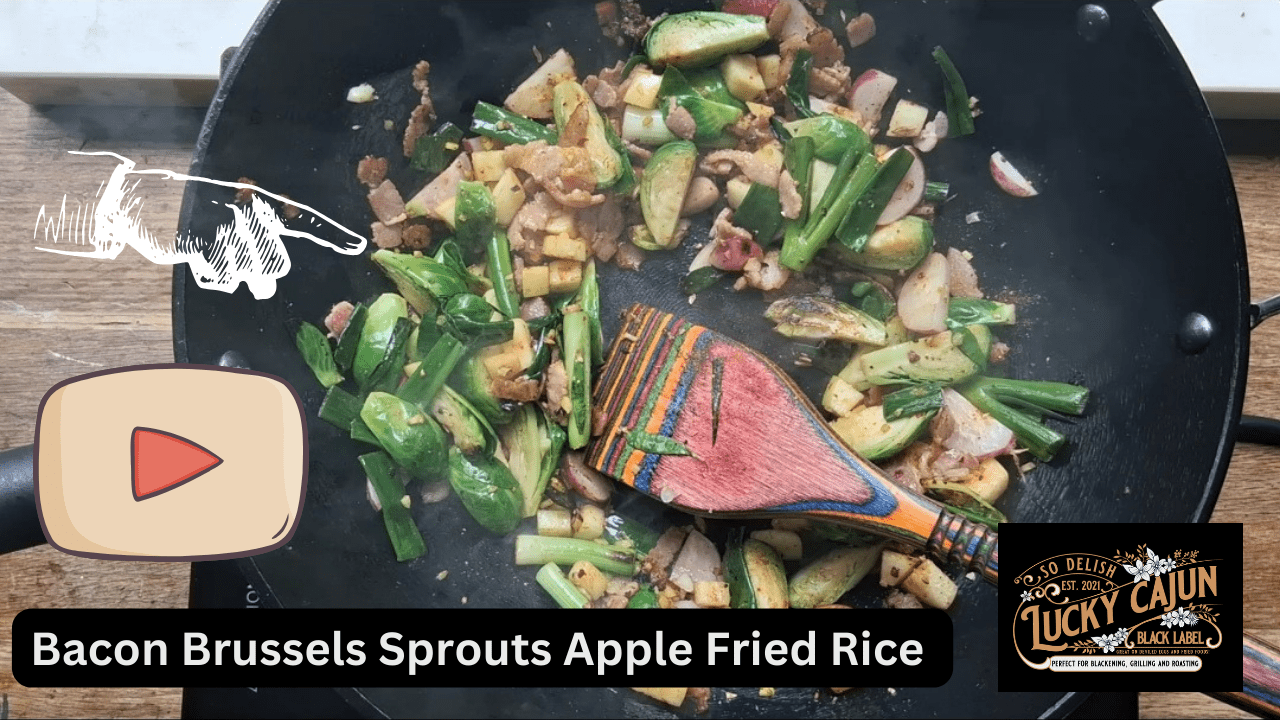 Bacon Brussels sprout fried rice with apple radish and green onion seasoned with fresh ground Lucky Cajun Bulgasari in a wok
