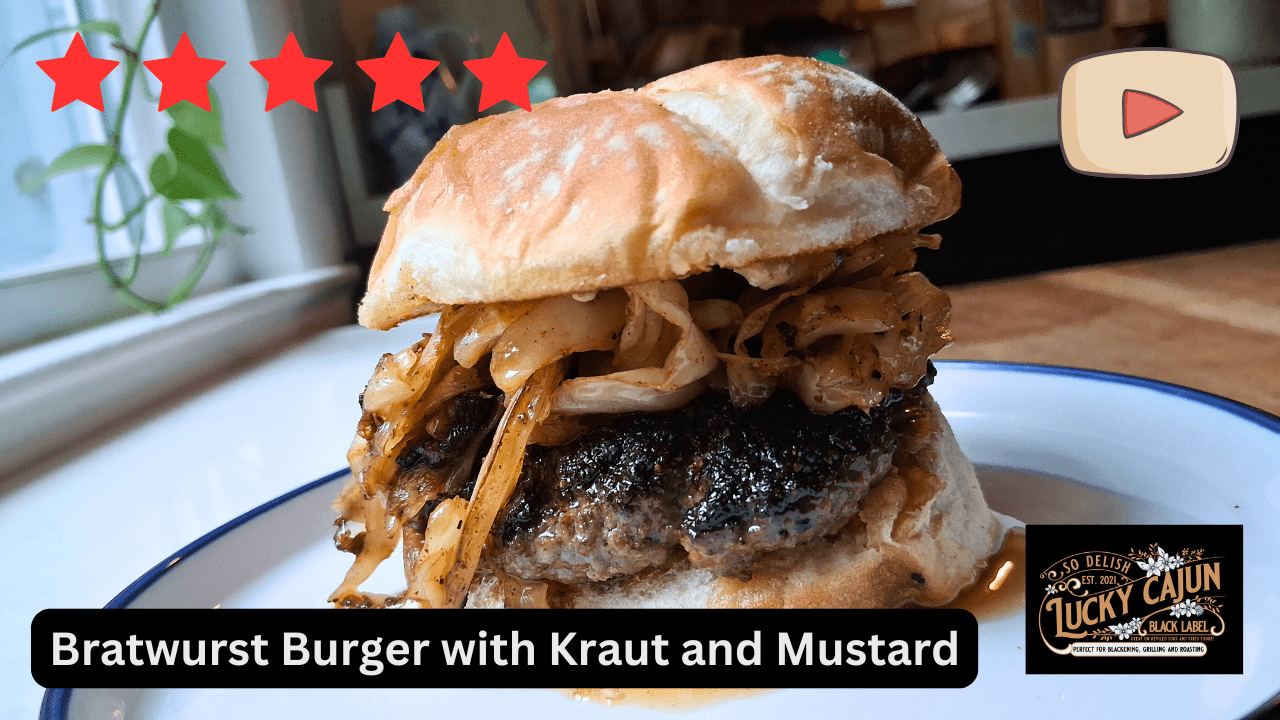YouTube video thumbnail of a completed Lucky Cajun brat burger with sautéed sauerkraut horseradish mustard and grilled beef and pork patty seasoned with Lucky Cajun Brat Burger fresh ground bratwurst spice blend on a toasted artisan bun