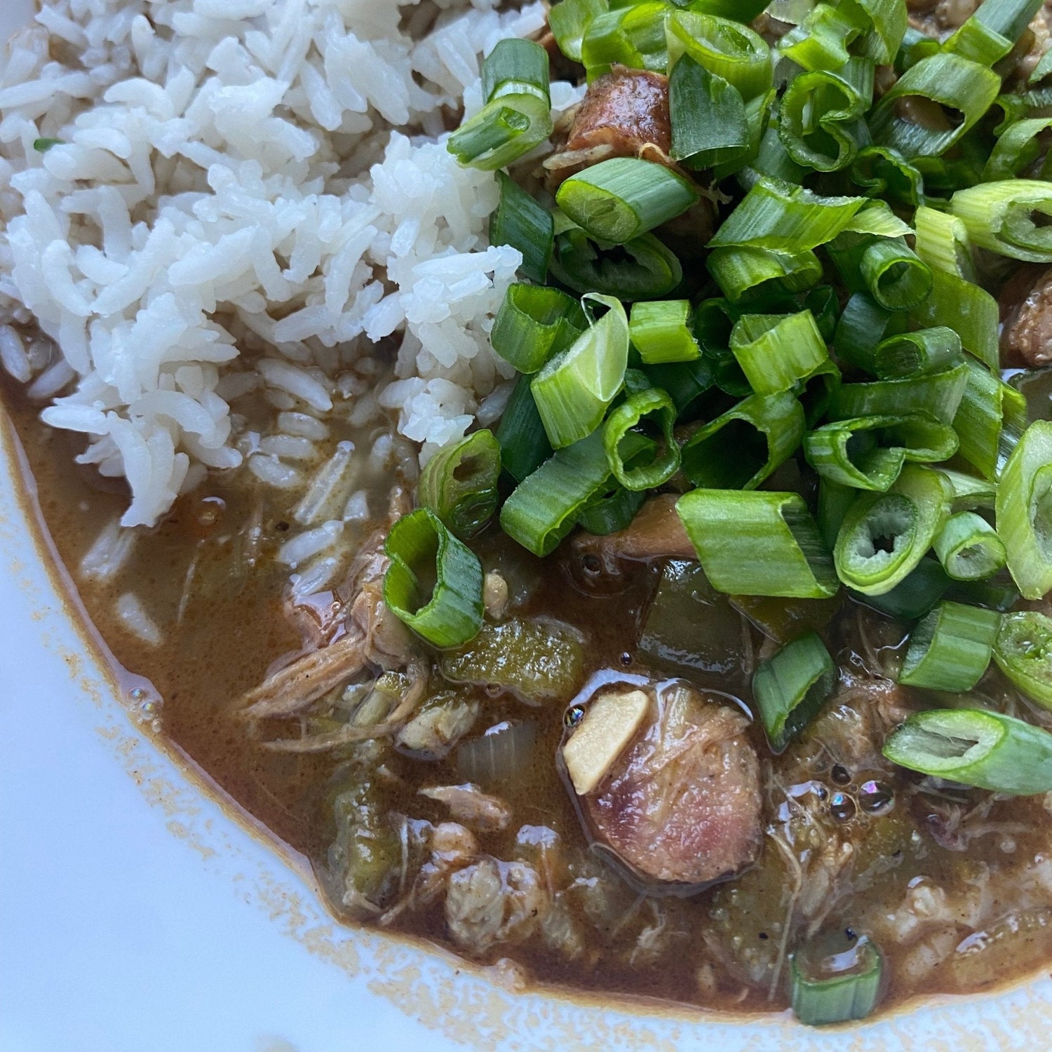 Close up of a white bowl of turkey and andouille gumbo made from Thanksgiving carcass stock with a dark corn oil roux and Lucky Cajun Black Label fresh ground Cajun seasoning garnished with sliced green onions over basmati rice