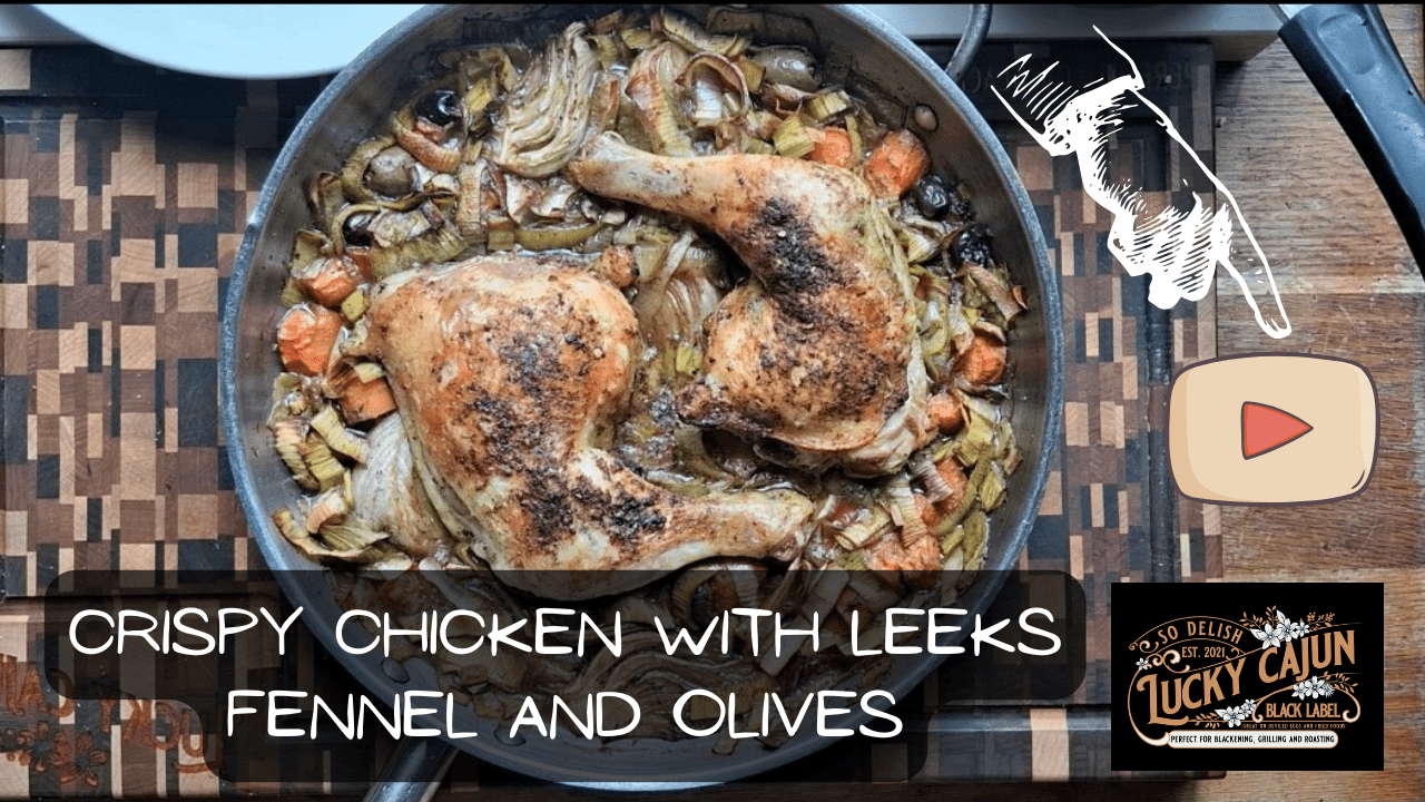 Crispy chicken leg quarters braised with leeks fennel blood oranges and kalamata olives in a sauté pan seasoned with Lucky Cajun Greek Out fresh ground Mediterranean herb seasoning