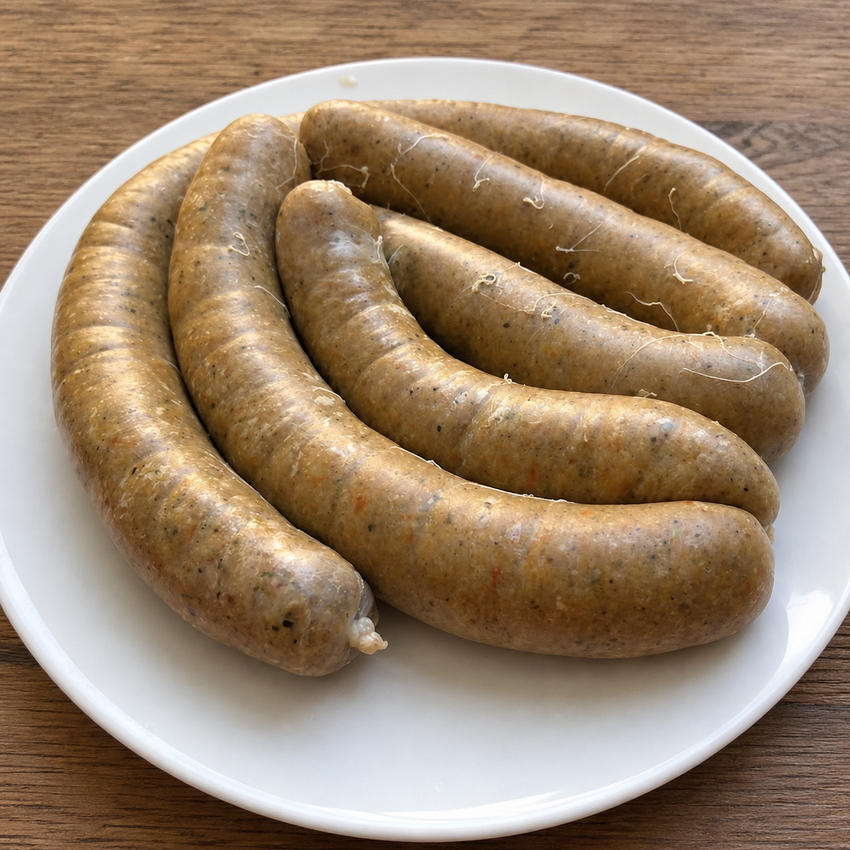 Boudin links on white plate on wooden table for cornbread boudin dressing thanksgiving side
